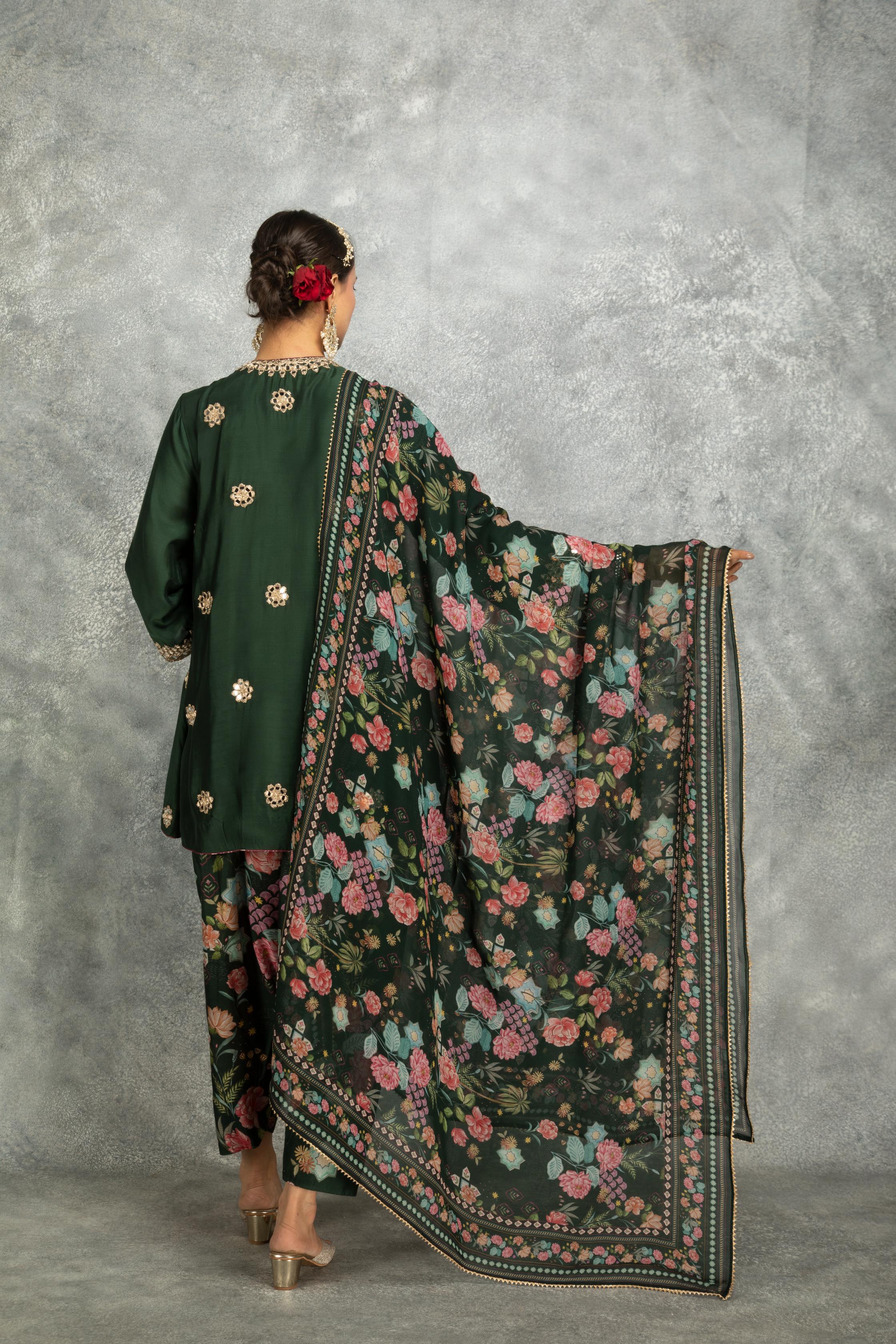 Green Mirror Embroidered  Angrakha with Printed Pants & Dupatta Set of 3