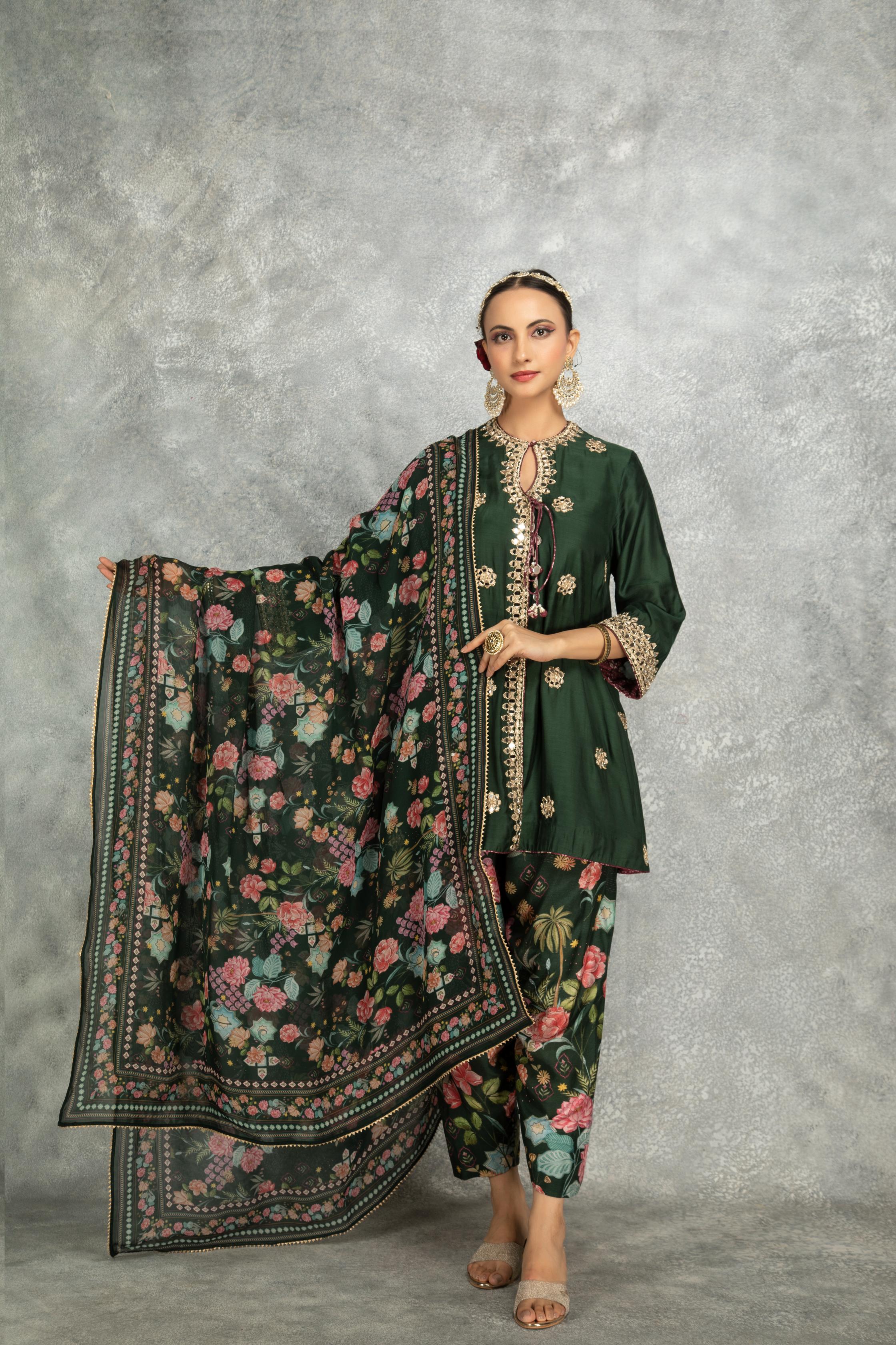 Green Mirror Embroidered  Angrakha with Printed Pants & Dupatta Set of 3