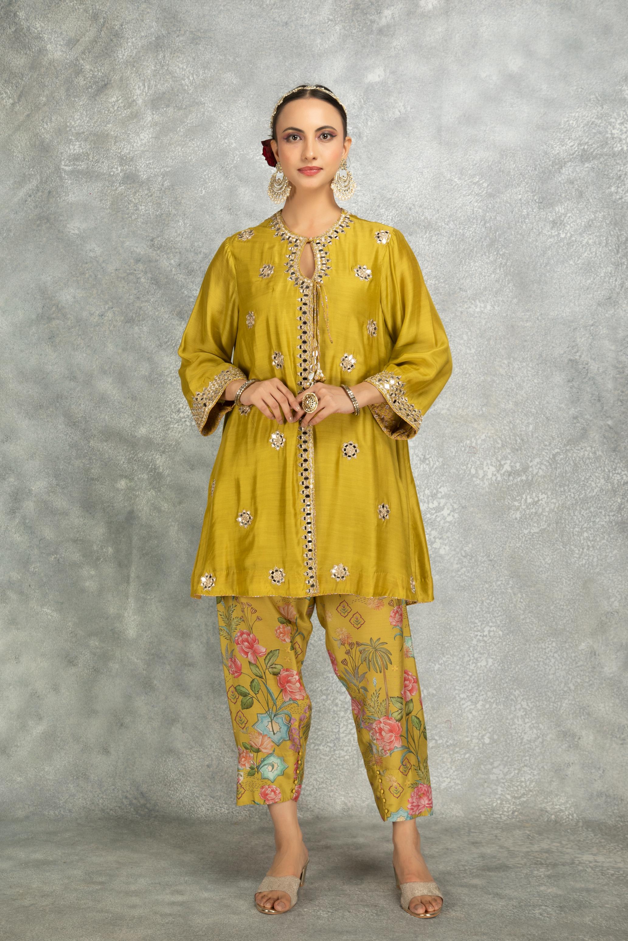 Mustard Green Mirror Embroidered  Angrakha with Printed Pants & Dupatta Set of 3