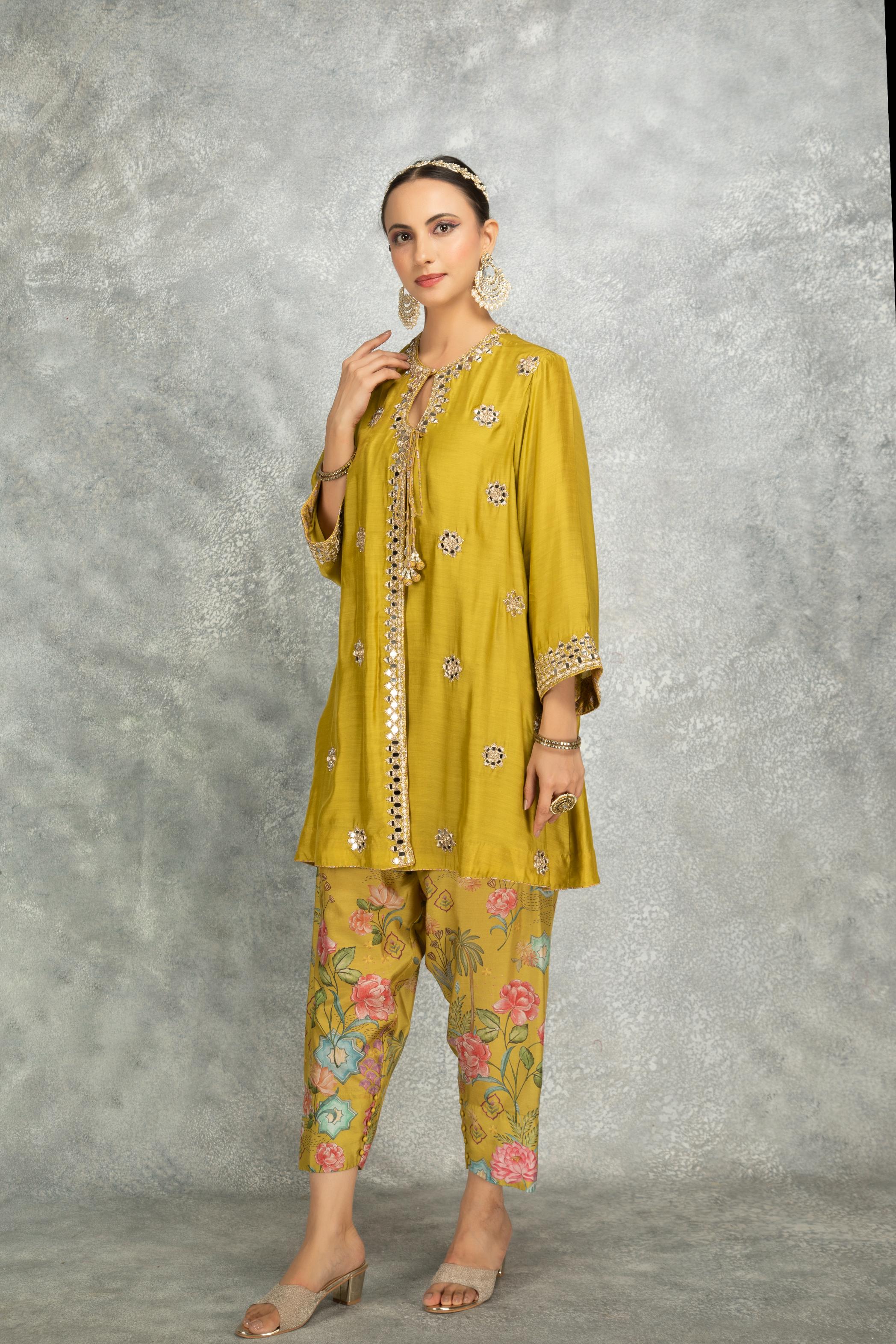 Mustard Green Mirror Embroidered  Angrakha with Printed Pants & Dupatta Set of 3