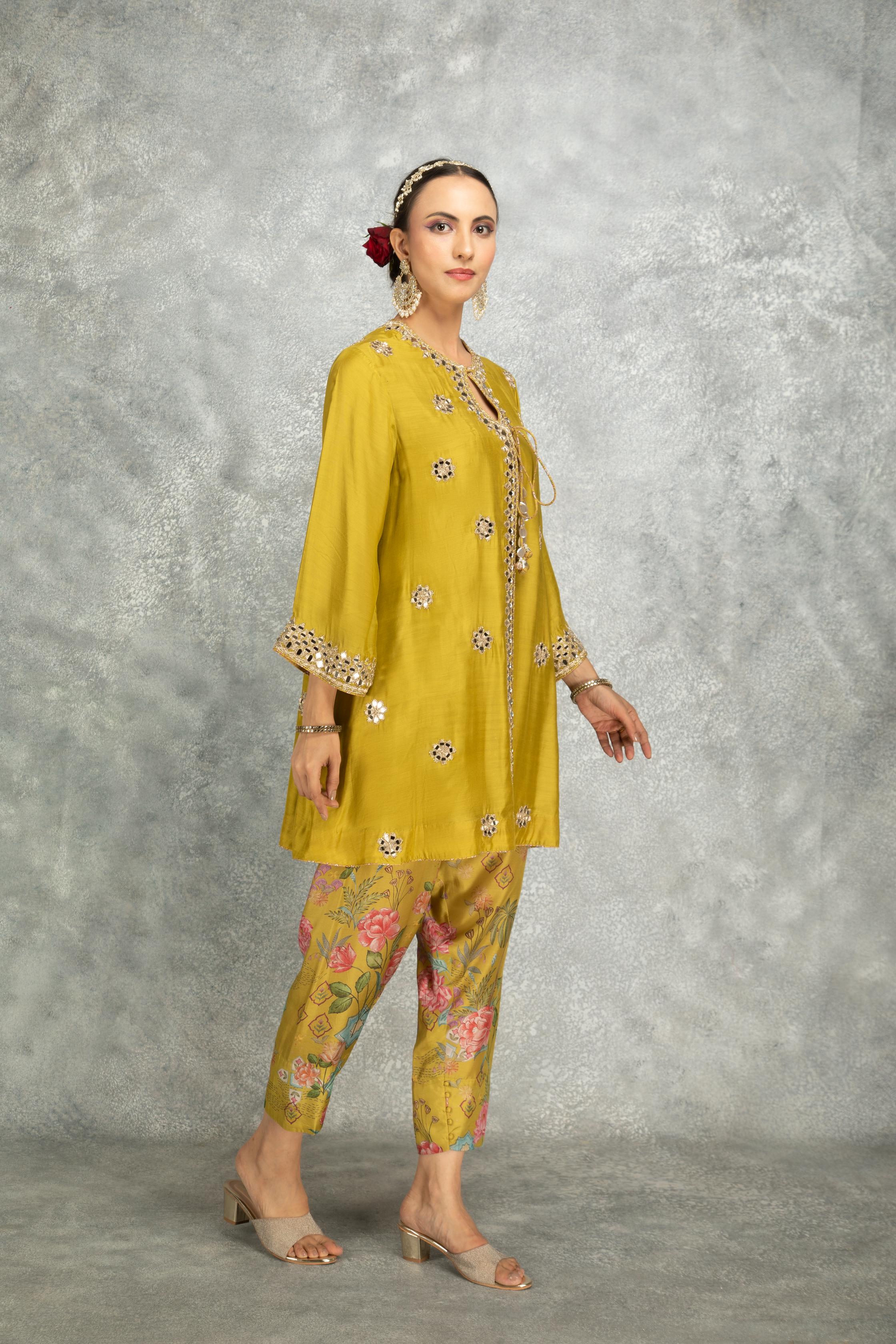 Mustard Green Mirror Embroidered  Angrakha with Printed Pants & Dupatta Set of 3