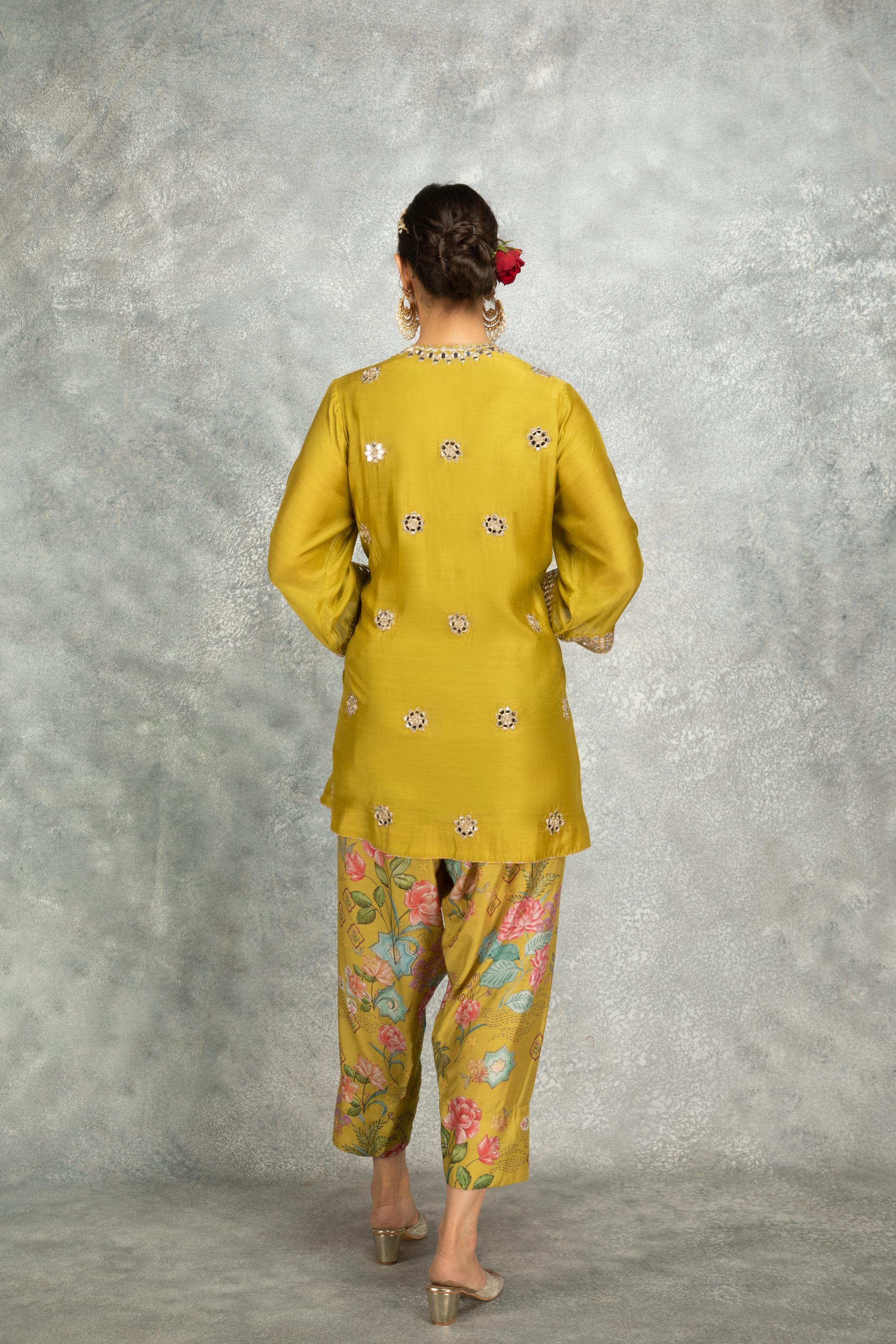 Mustard Green Mirror Embroidered  Angrakha with Printed Pants & Dupatta Set of 3