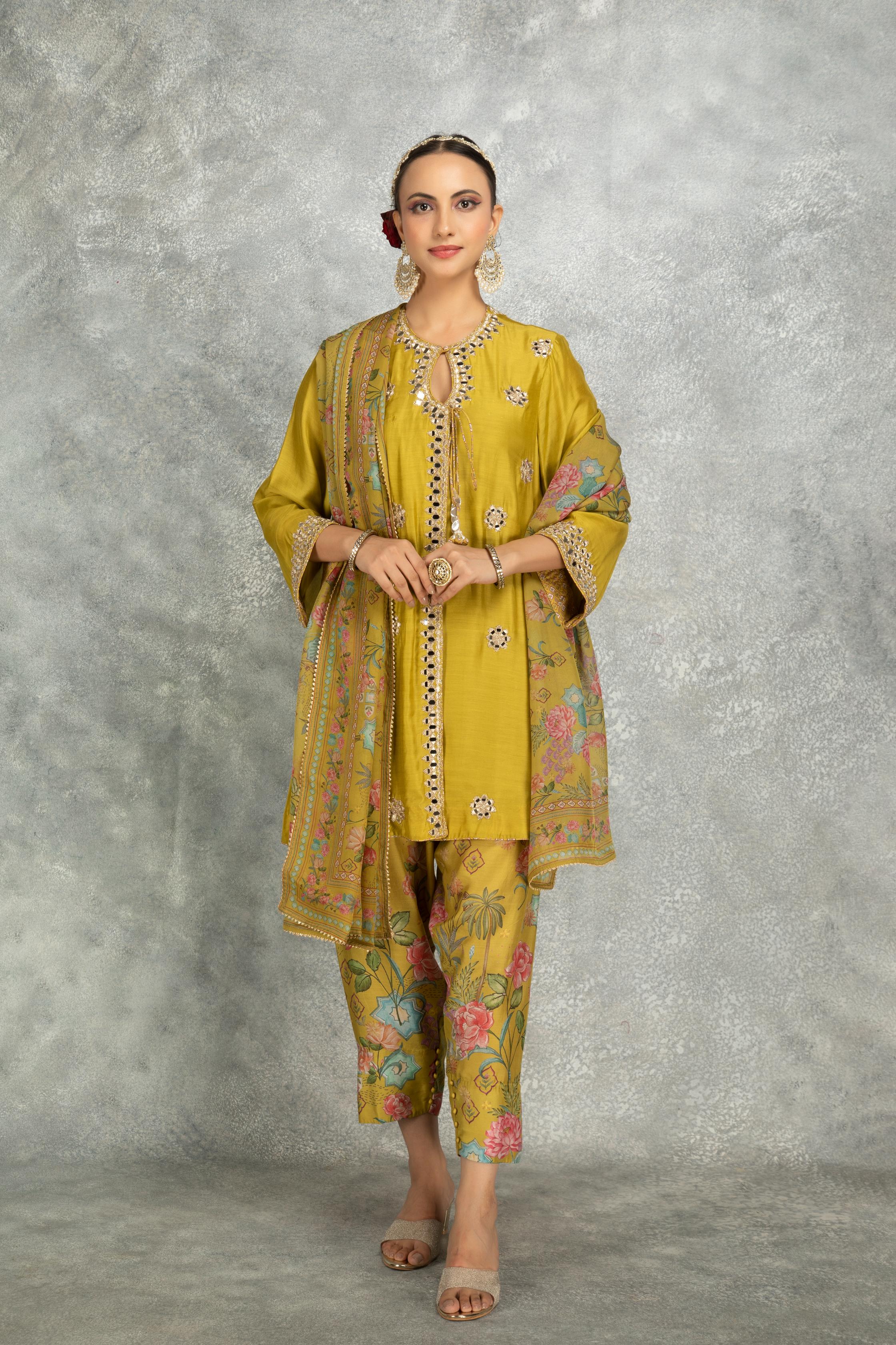 Mustard Green Mirror Embroidered  Angrakha with Printed Pants & Dupatta Set of 3