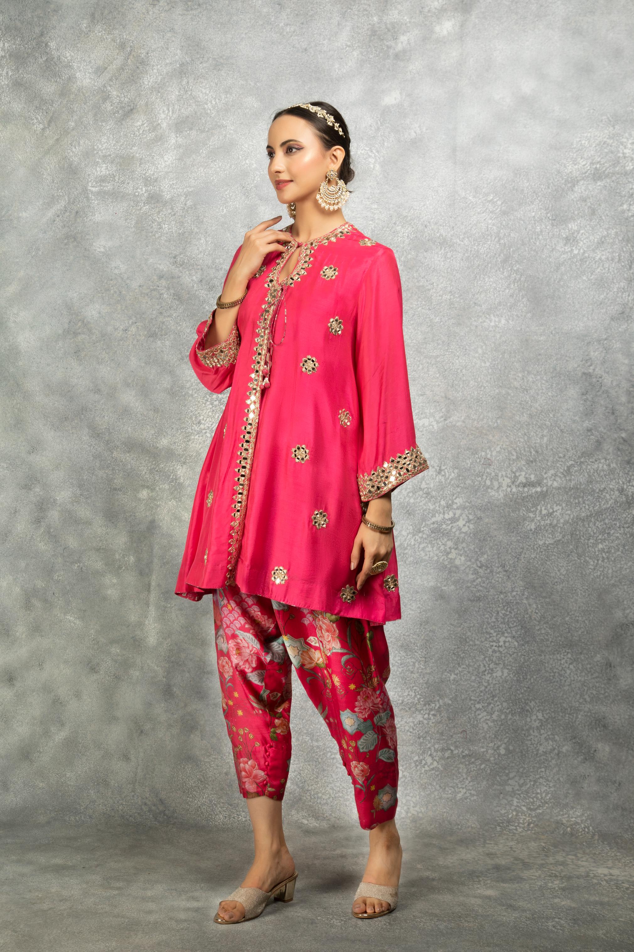 Hot Pink Mirror Embroidered  Angrakha with Printed Pants & Dupatta Set of 3