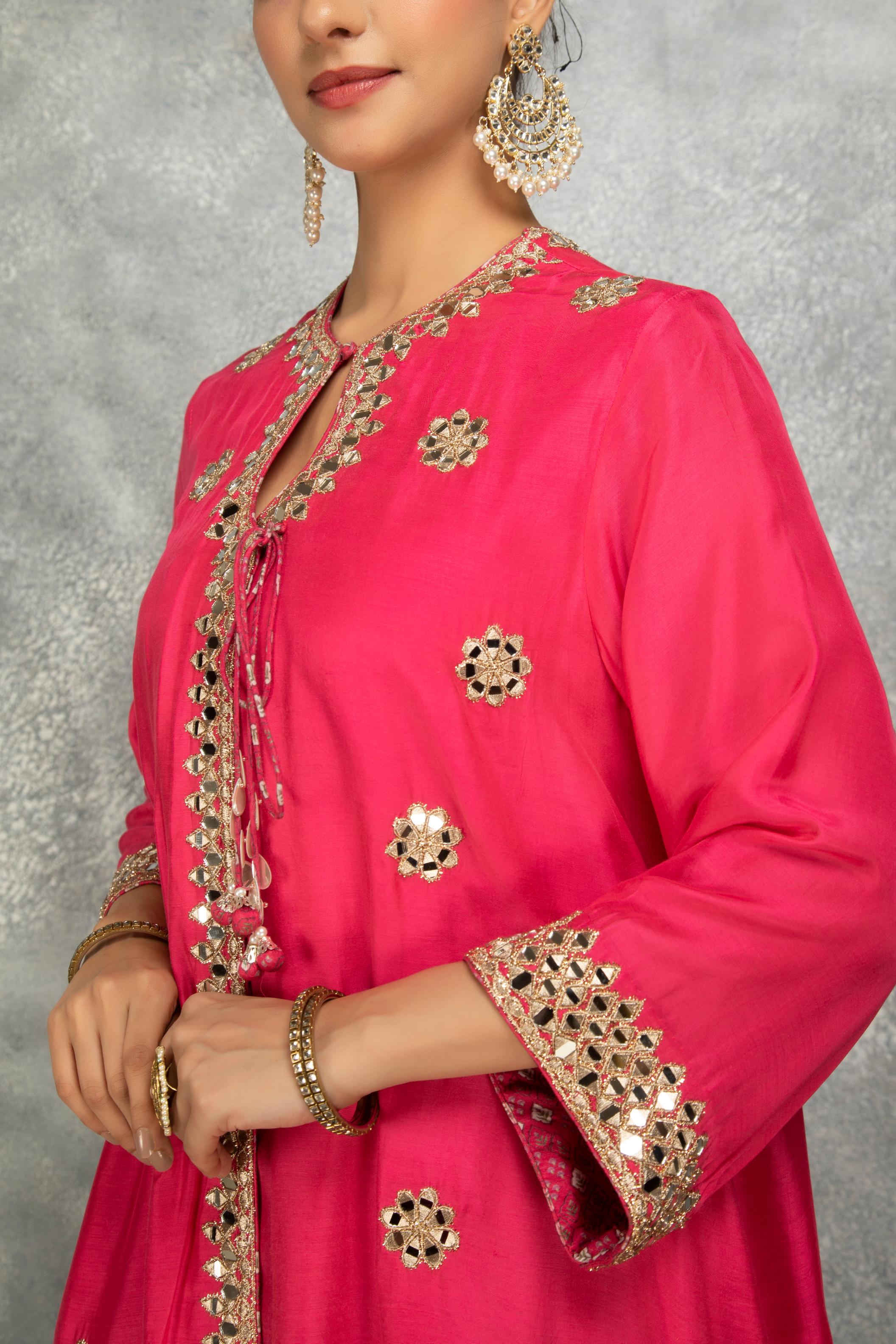 Hot Pink Mirror Embroidered  Angrakha with Printed Pants & Dupatta Set of 3