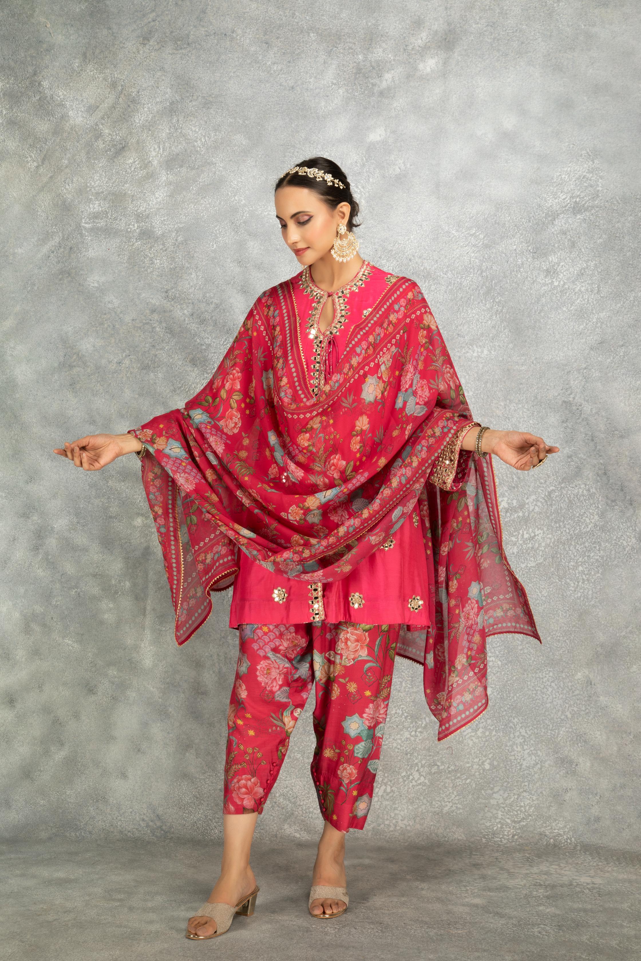 Hot Pink Mirror Embroidered  Angrakha with Printed Pants & Dupatta Set of 3