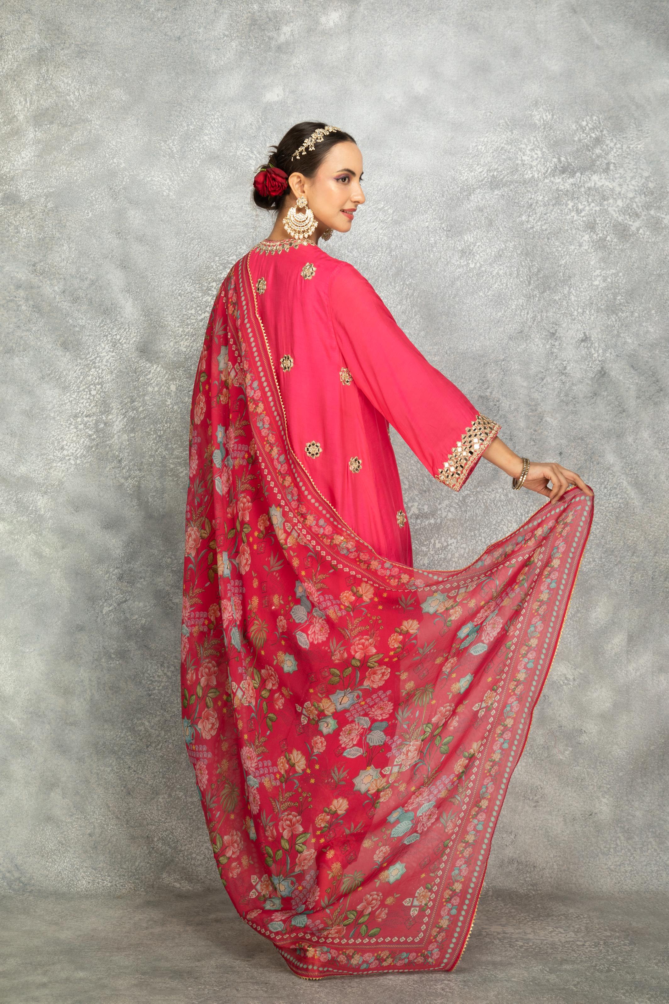 Hot Pink Mirror Embroidered  Angrakha with Printed Pants & Dupatta Set of 3