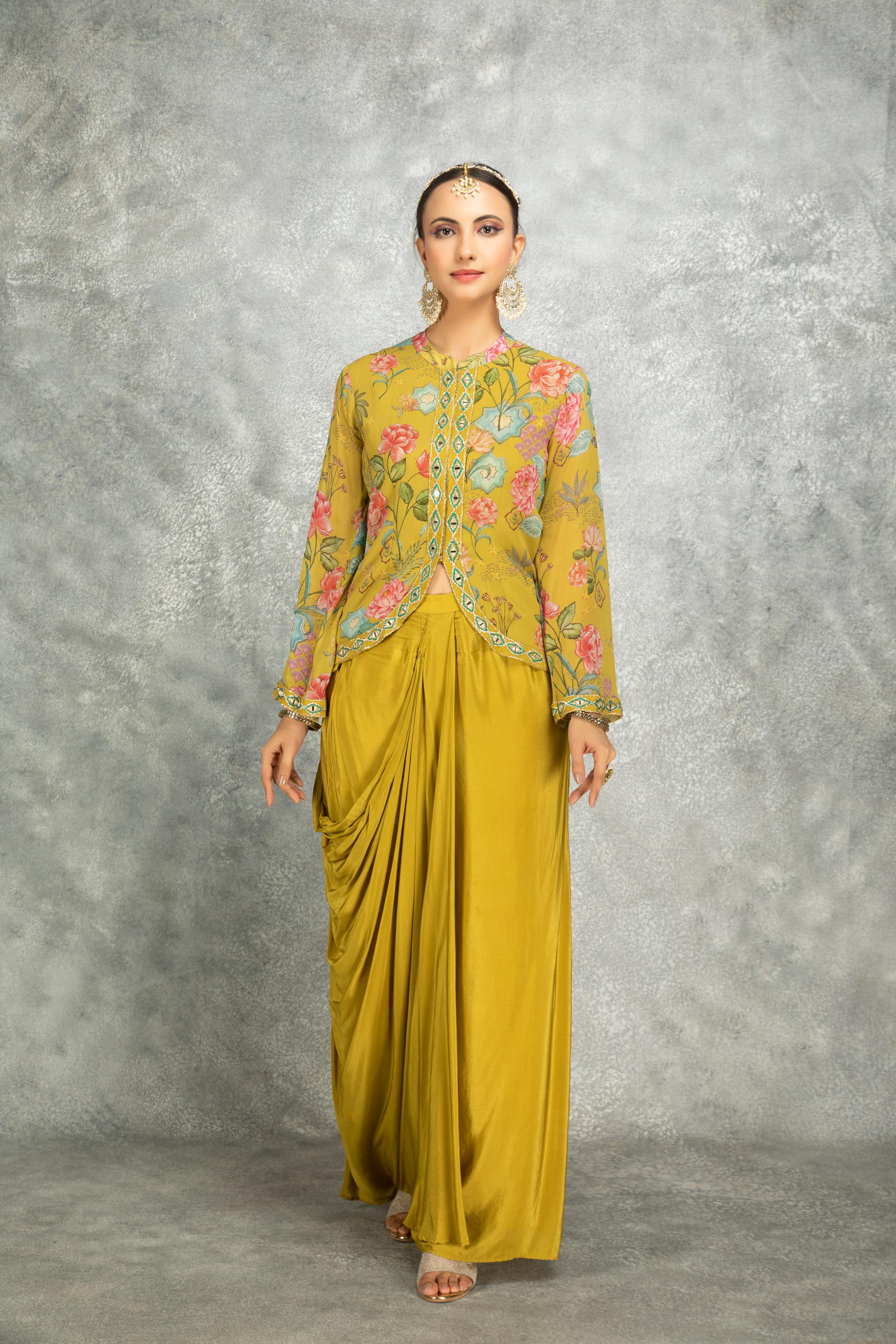 Mustard Green Embroidered Printed Jacket With Drape Skirt