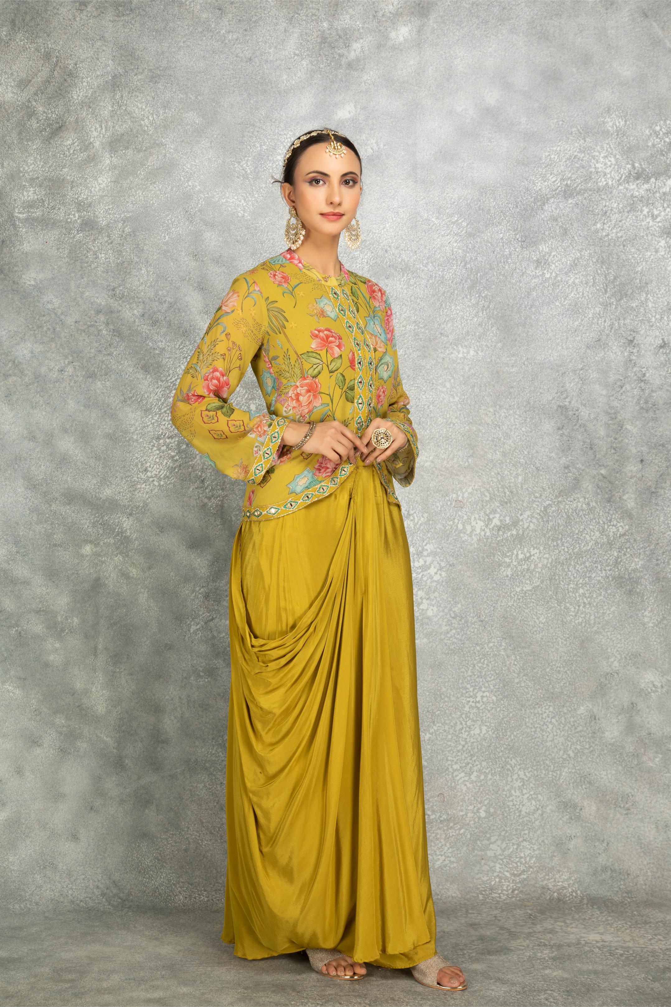 Mustard Green Embroidered Printed Jacket With Drape Skirt