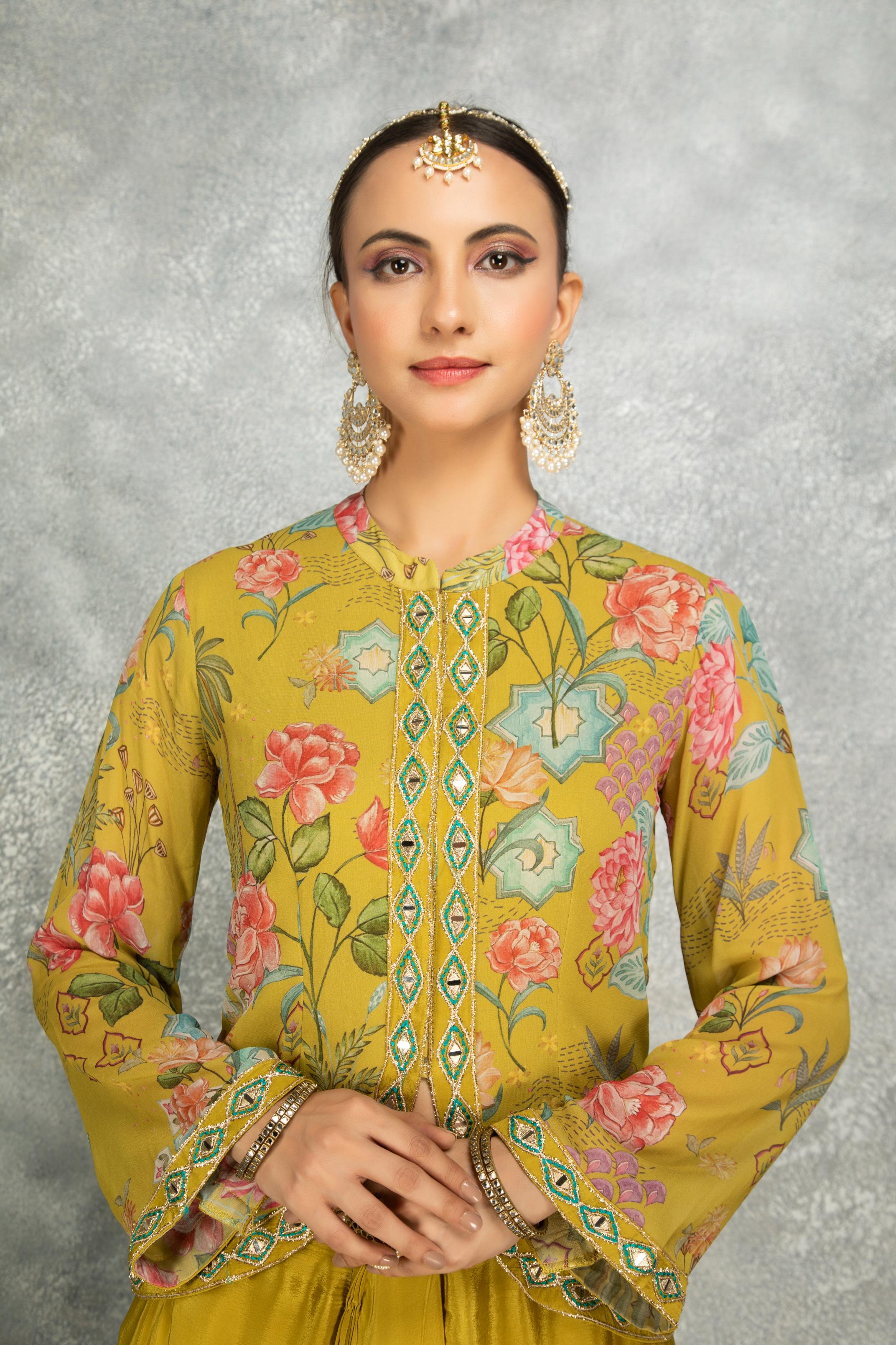 Mustard Green Embroidered Printed Jacket With Drape Skirt