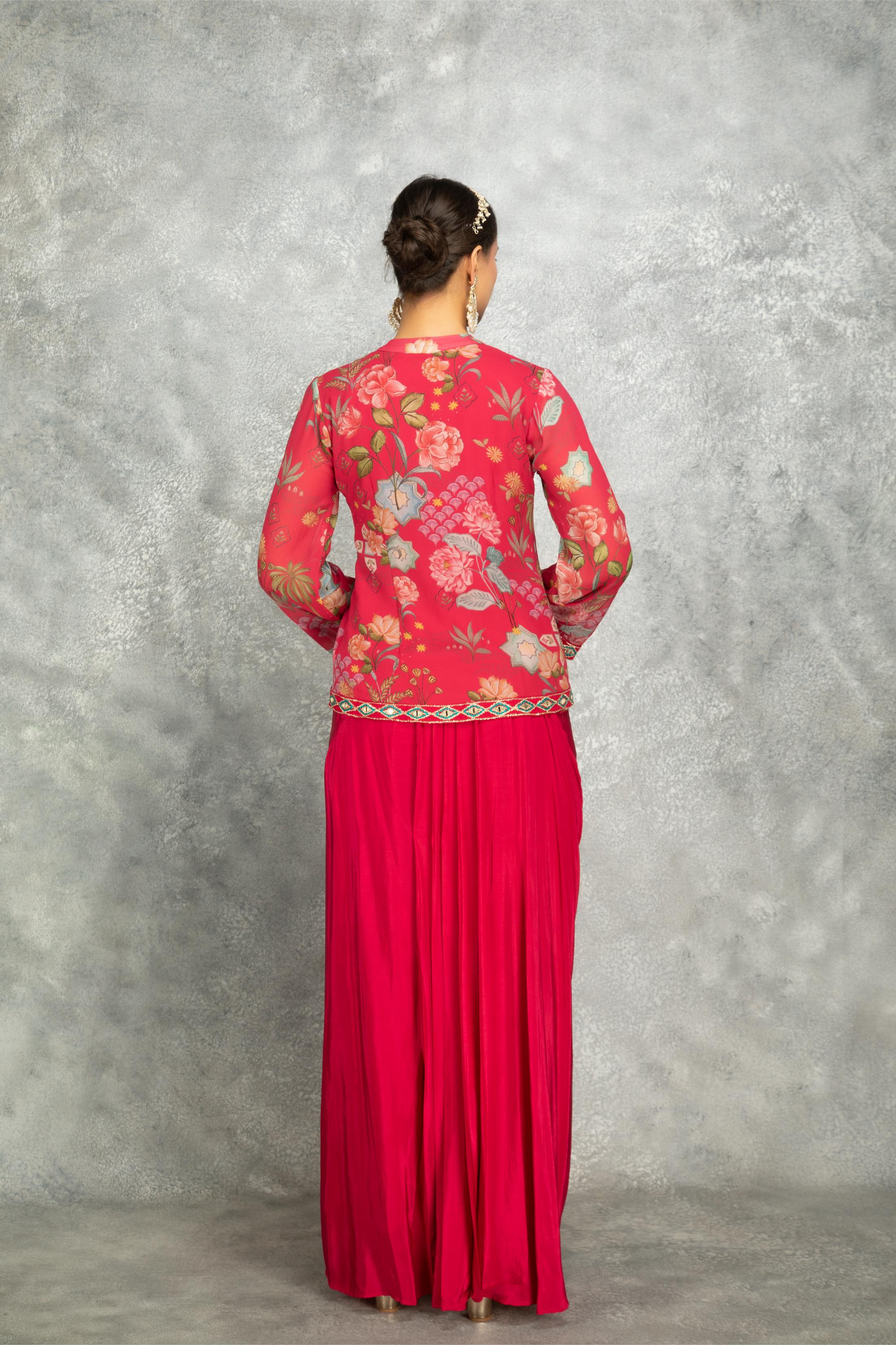 Hot Pink Embroidered Printed Jacket With Drape Skirt