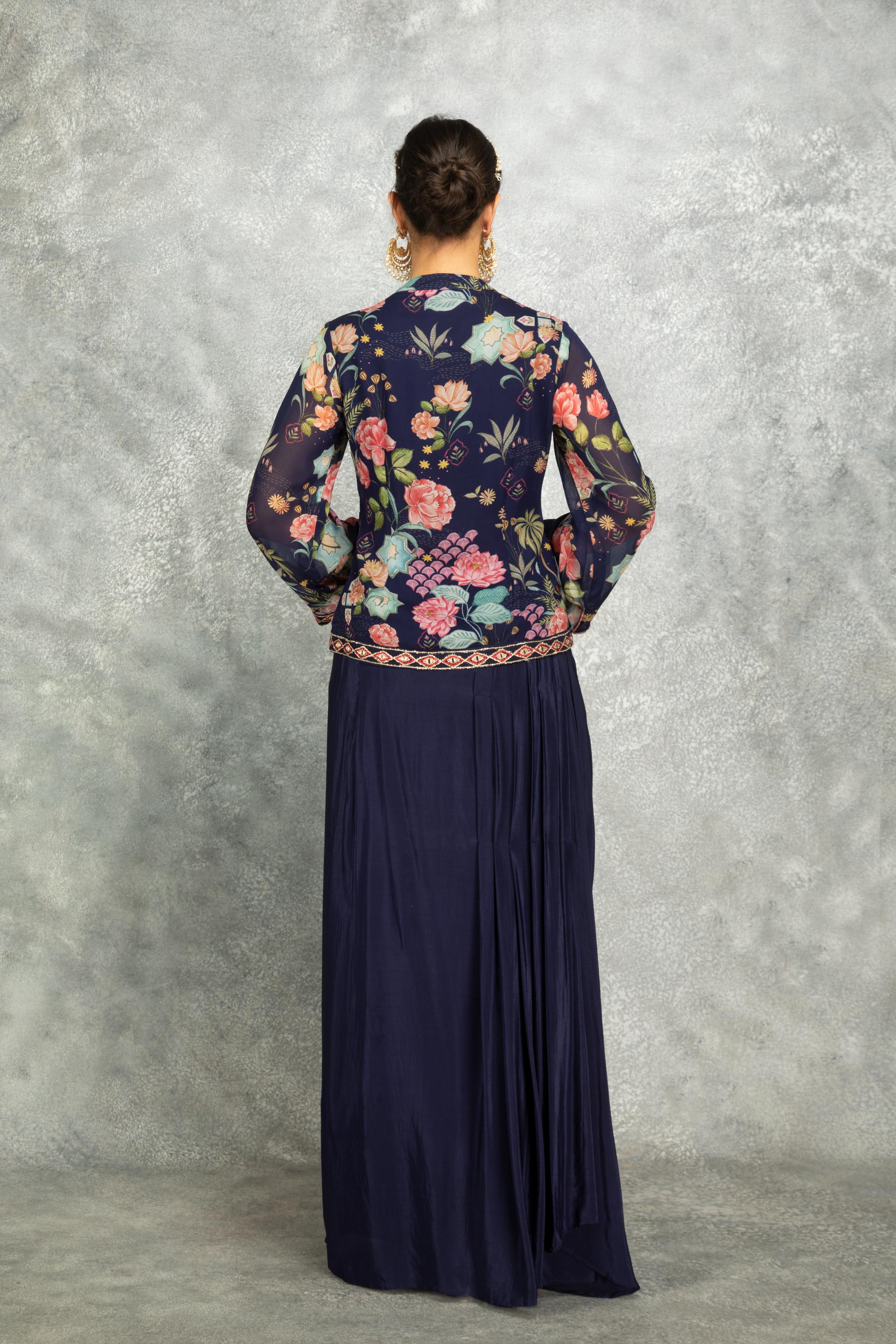 Blue Embroidered Printed Jacket With Drape Skirt