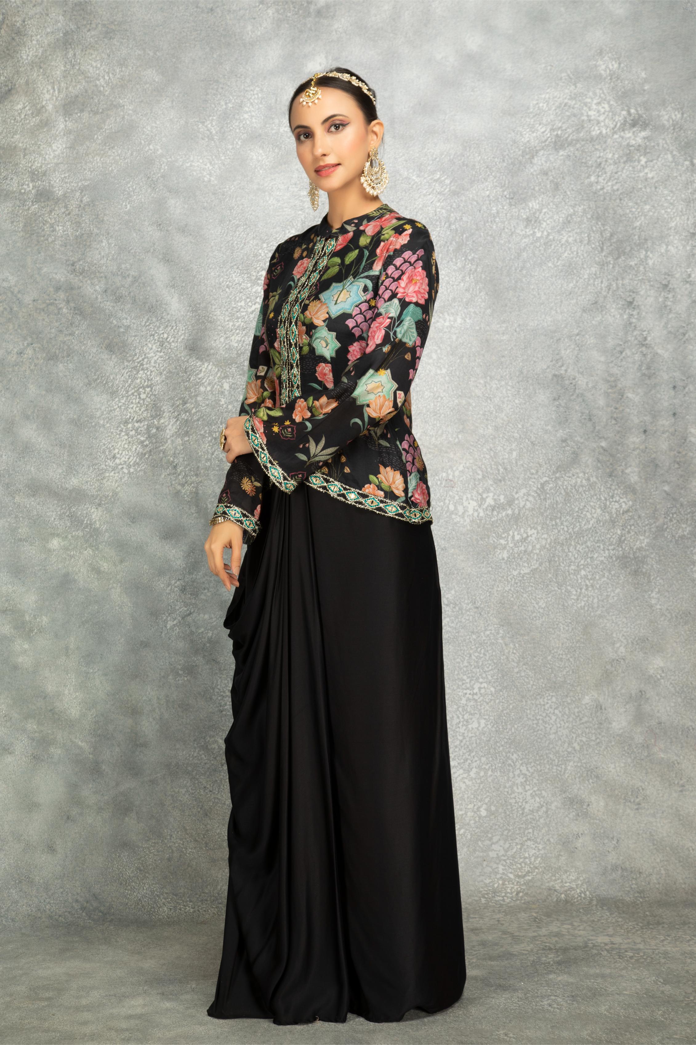 Black Embroidered Printed Jacket With Drape Skirt