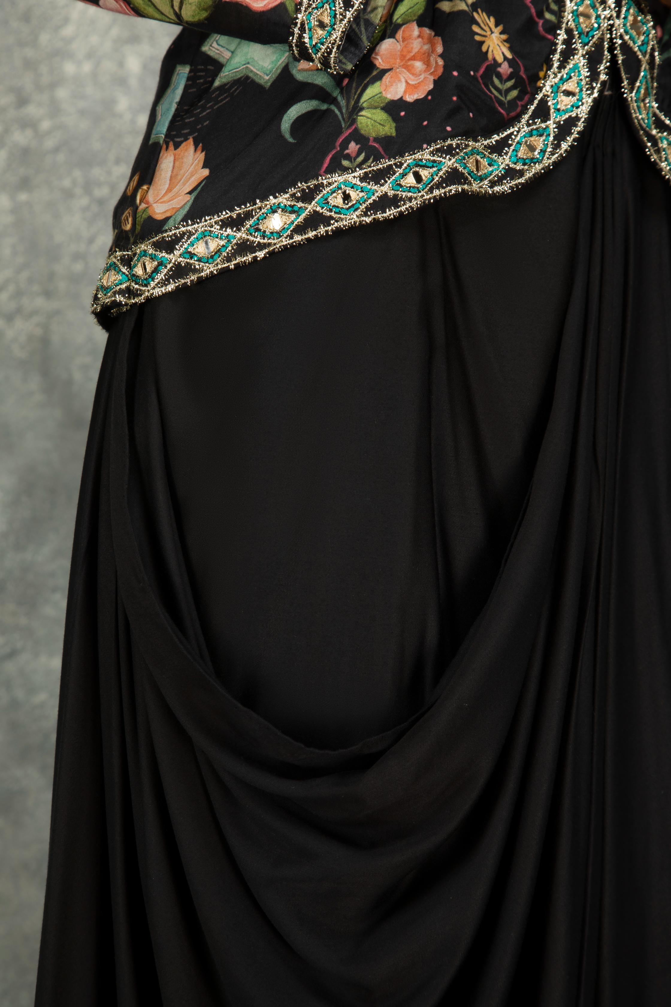 Black Embroidered Printed Jacket With Drape Skirt