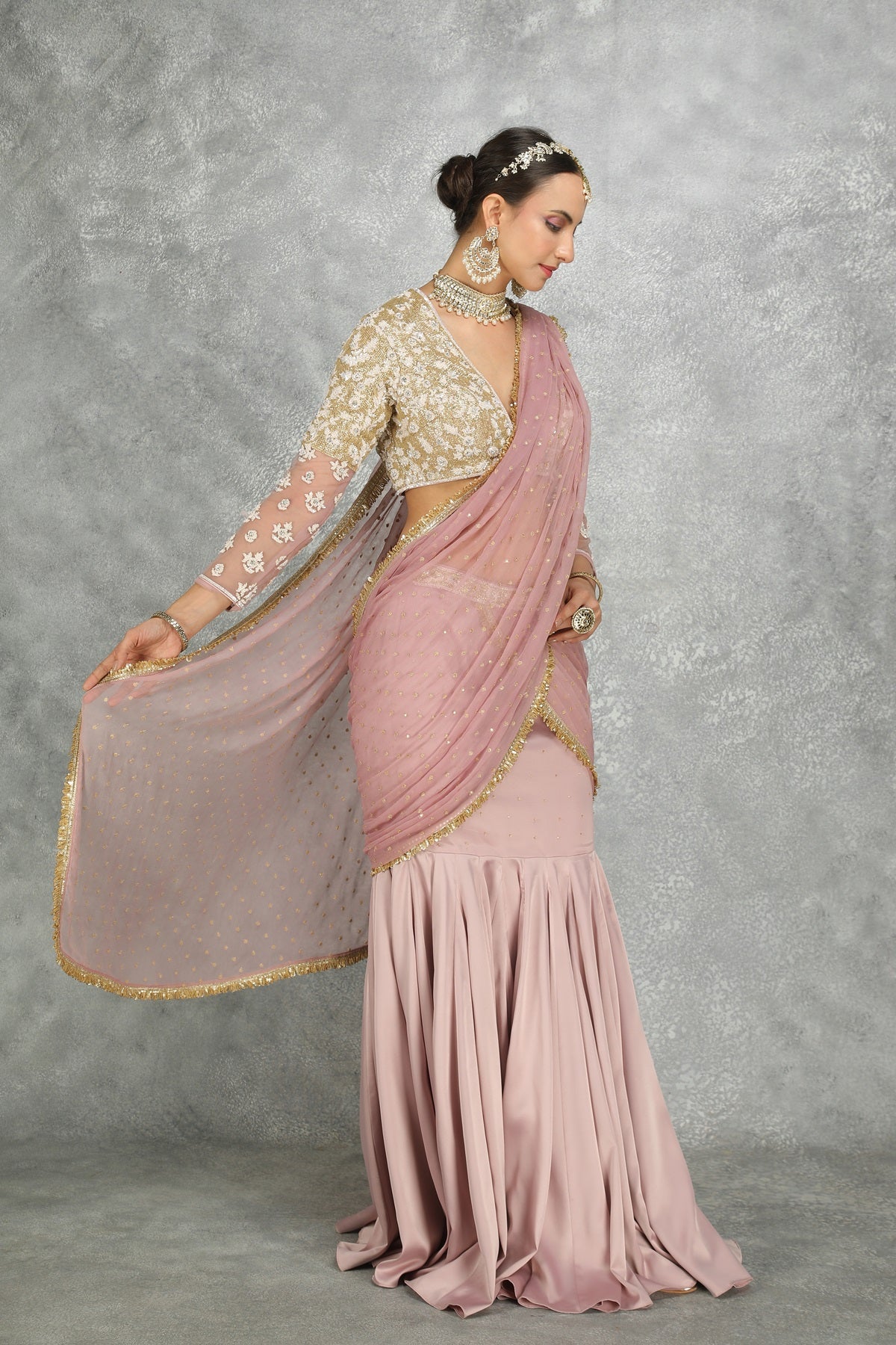 Purple Net & Chiffon Draped FIsh-Cut Skirt Saree Set