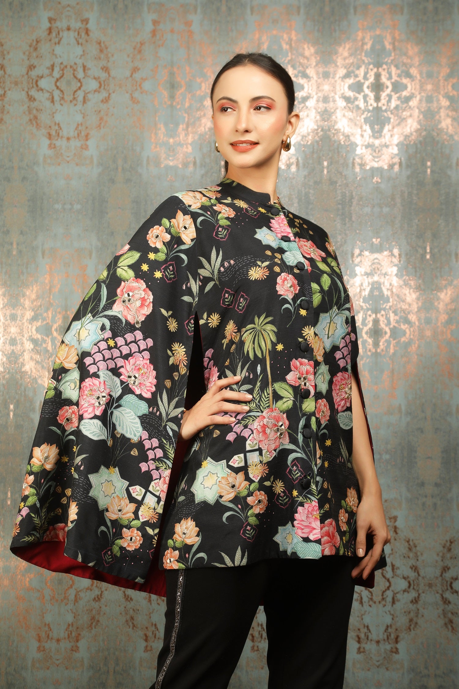 Black Printed Mirror Work Cape