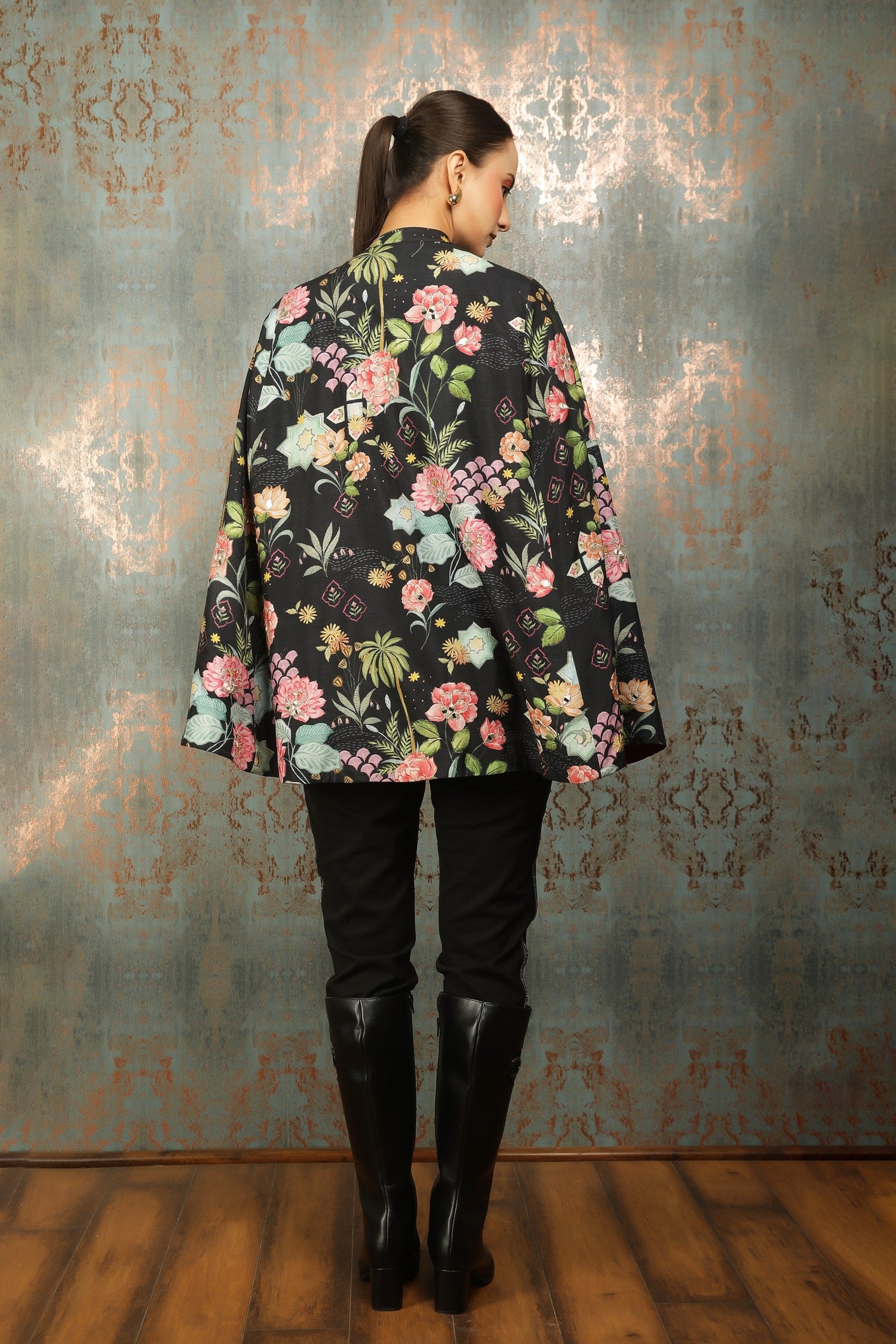 Black Printed Mirror Work Cape