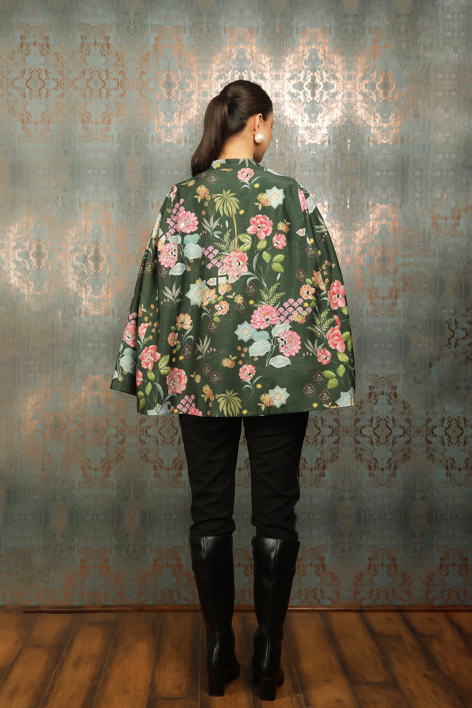 Green Printed Mirror Work Cape