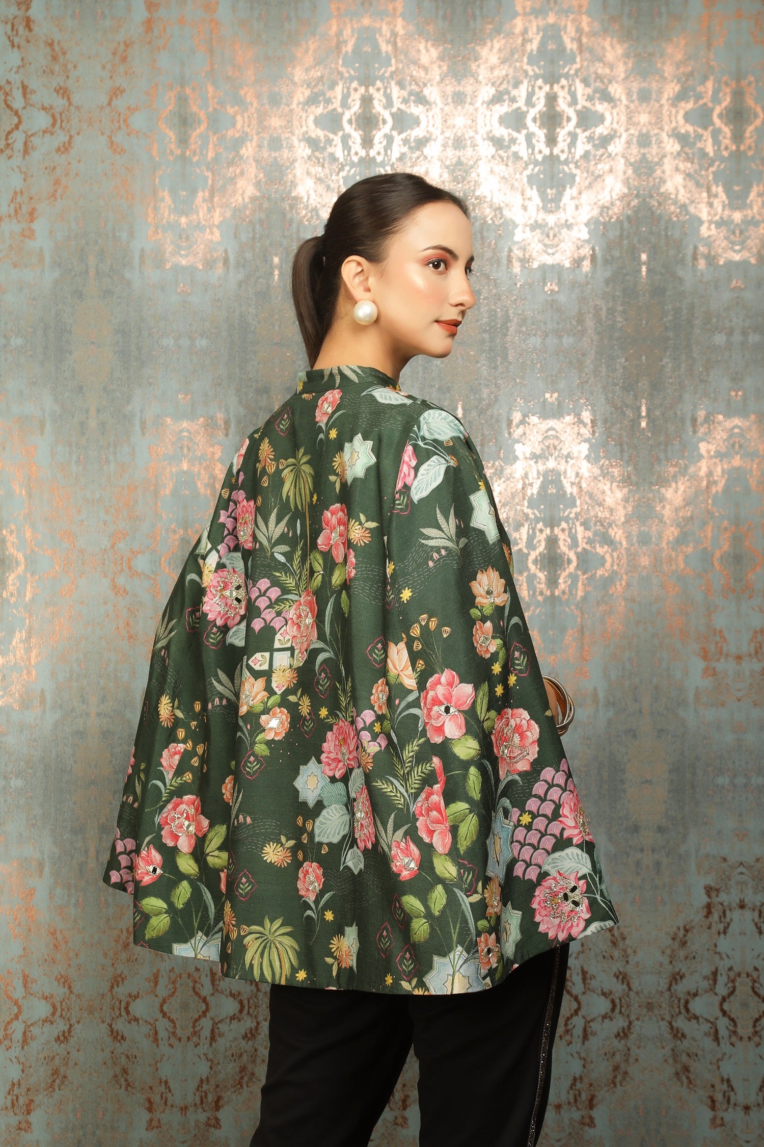 Green Printed Mirror Work Cape