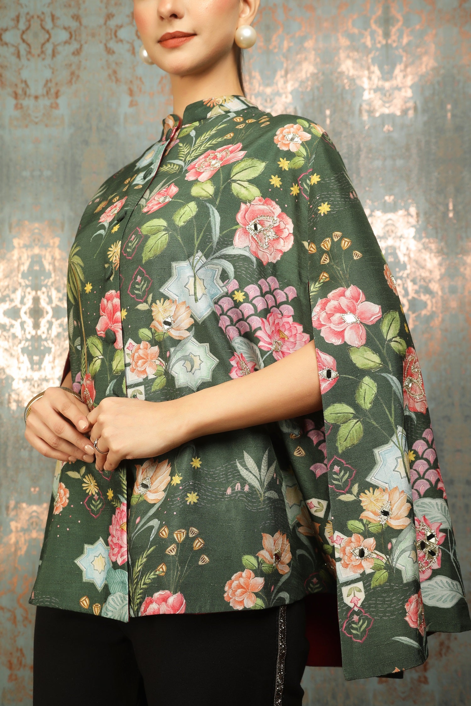 Green Printed Mirror Work Cape