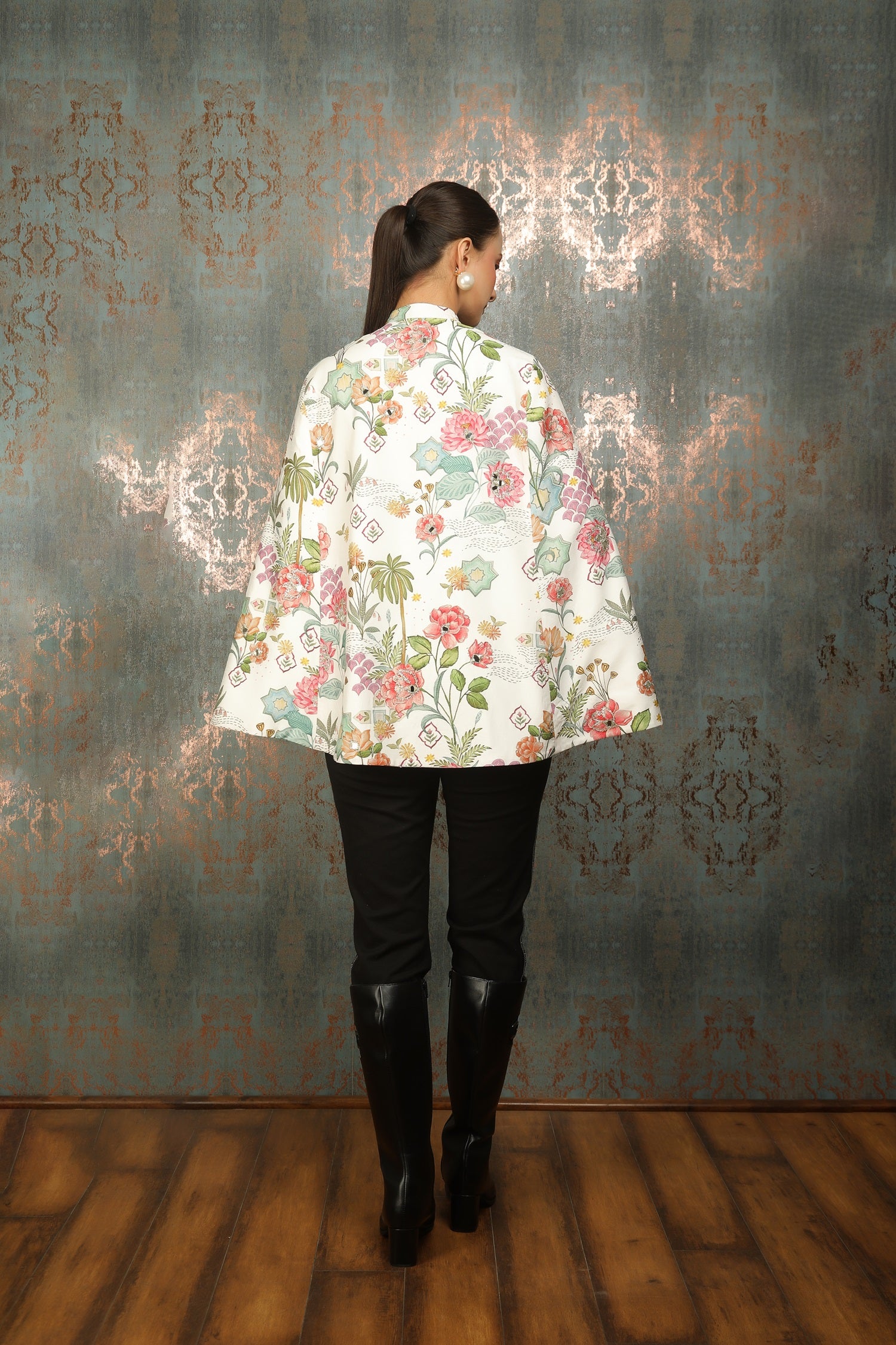 White  Printed Mirror Work Cape