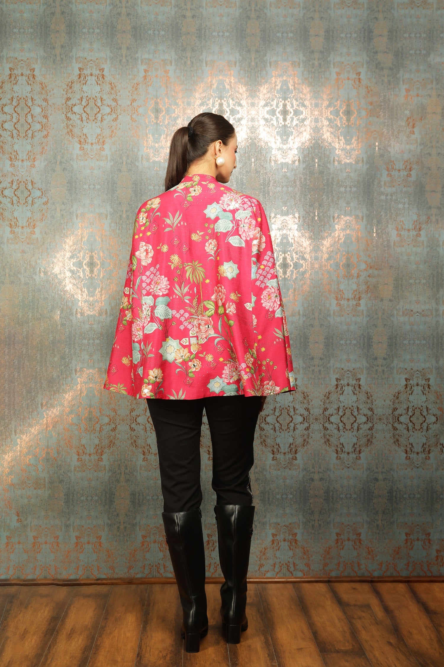 Hot Pink Silk Floral Applique Embroidered Cape