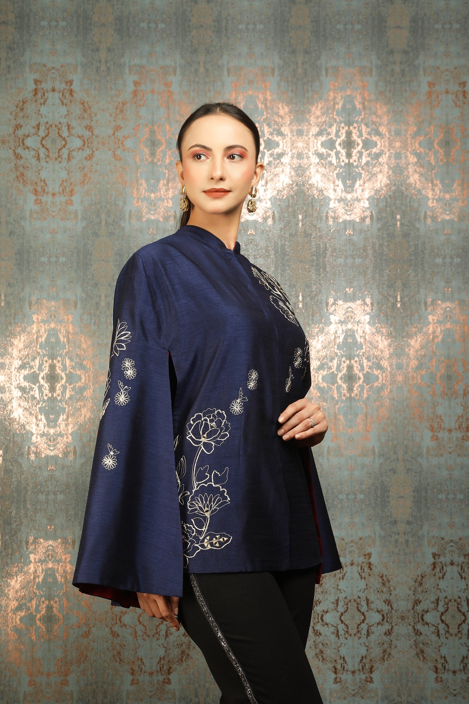 Blue Silk Floral Embroidered Cape