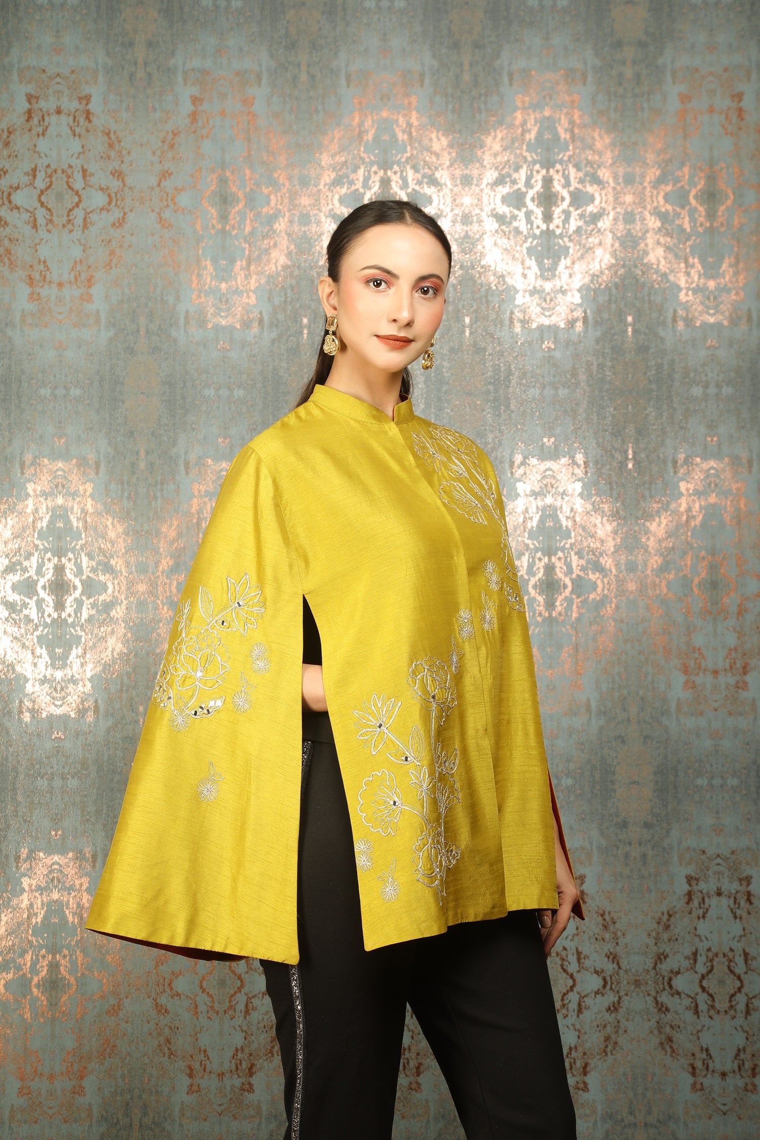 Mustard Green Silk Floral Embroidered Cape