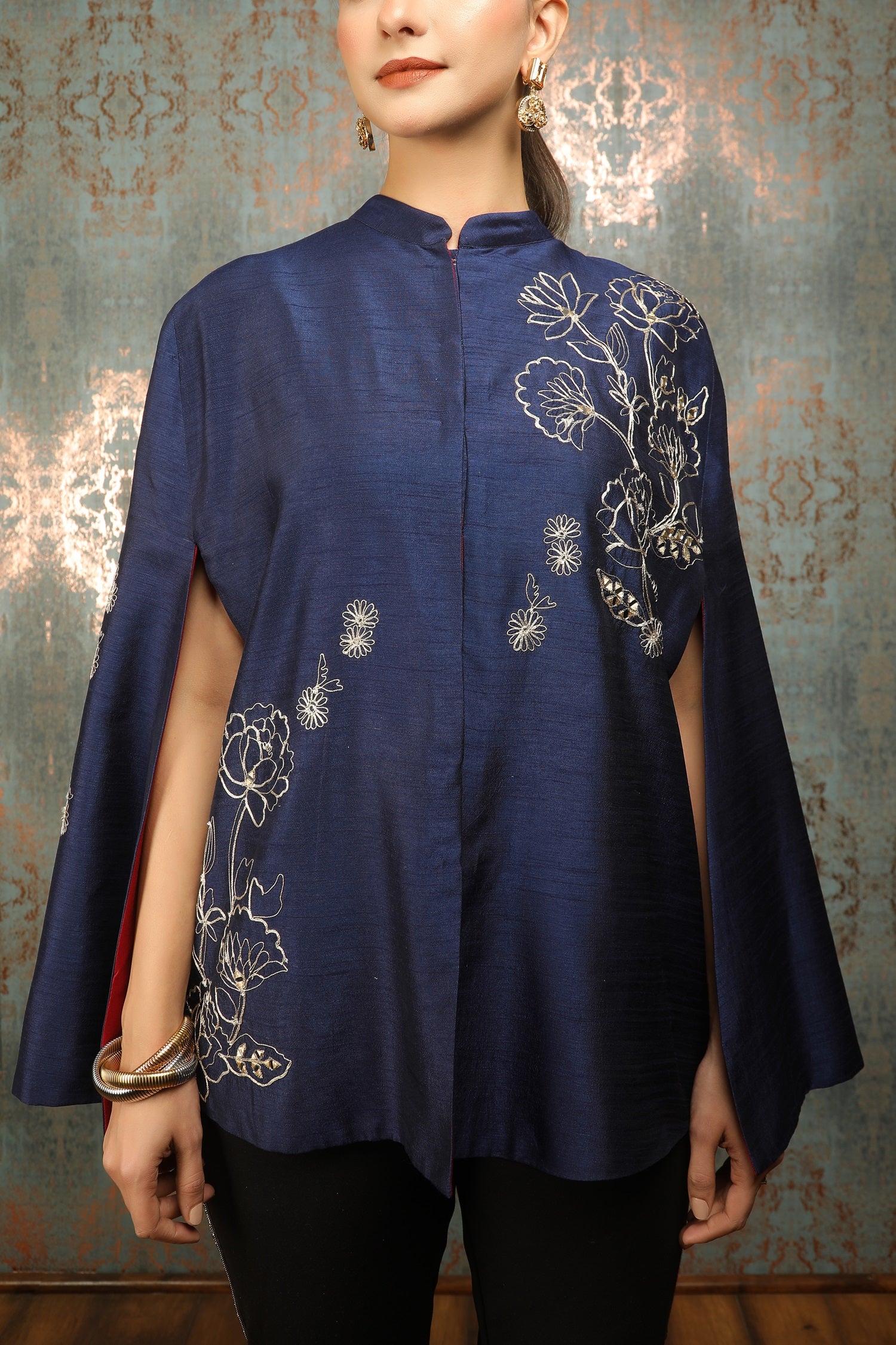 Blue Silk Floral Embroidered Cape