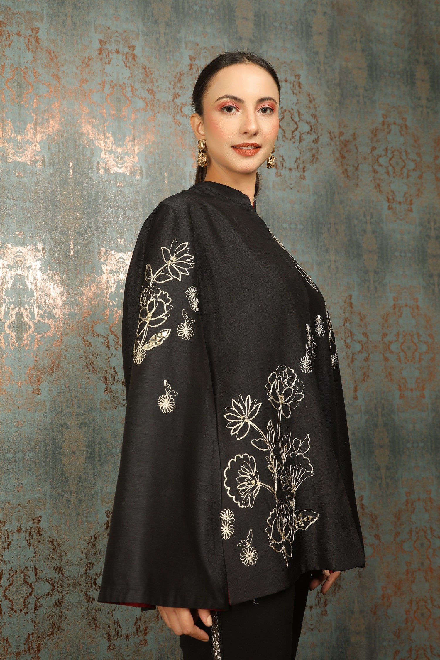 Black Silk Floral Embroidered Cape