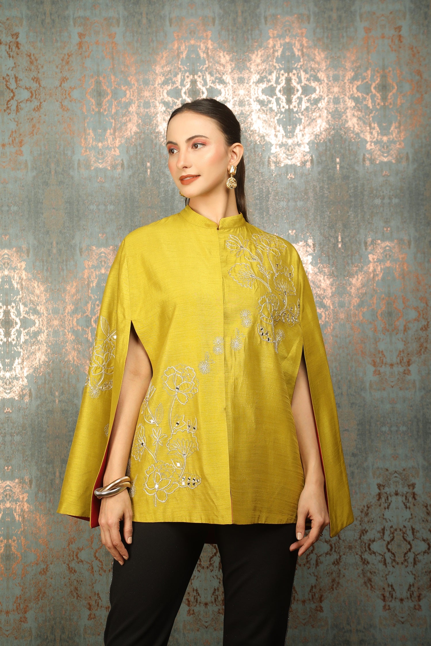 Mustard Green Silk Floral Embroidered Cape