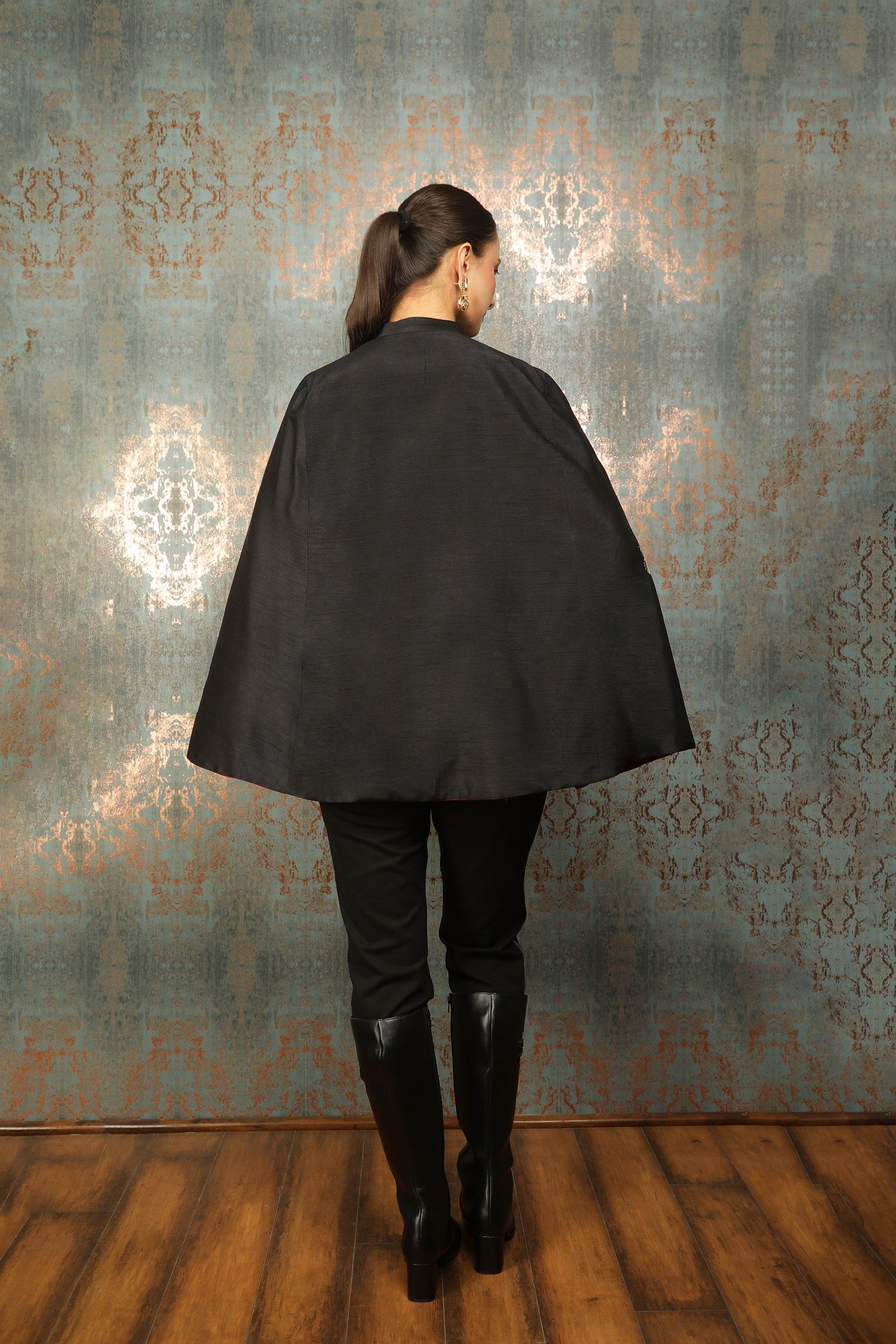 Black Silk Floral Embroidered Cape