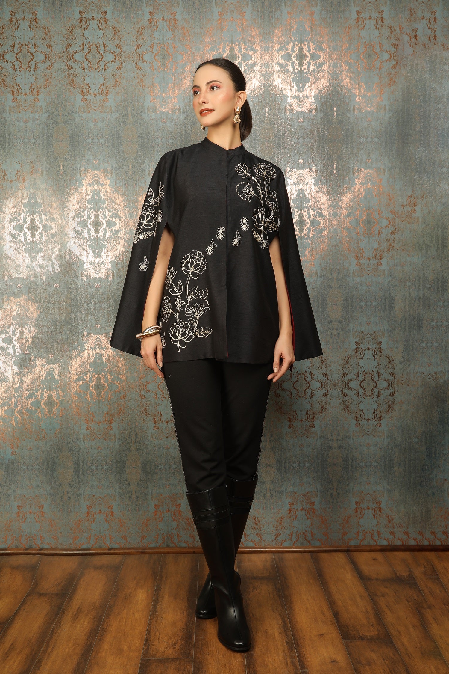 Black Silk Floral Embroidered Cape