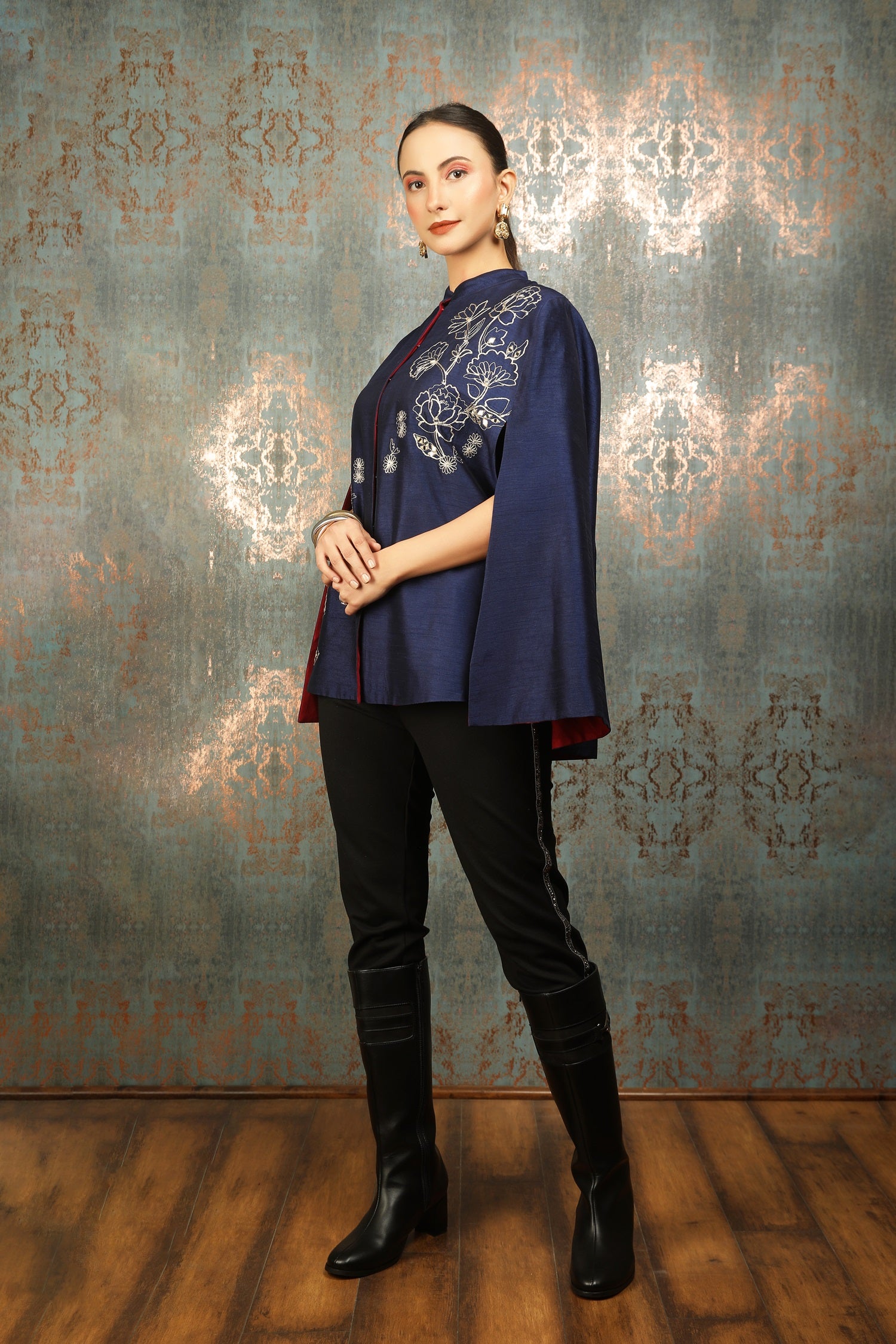 Blue Silk Floral Embroidered Cape