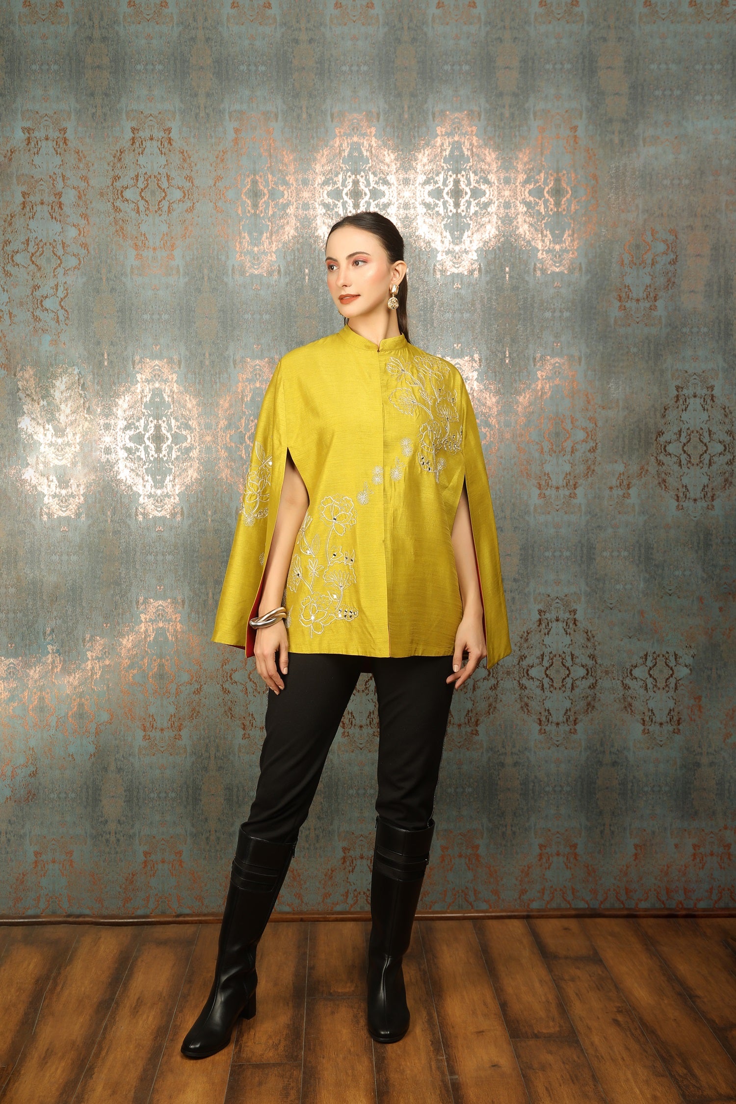 Mustard Green Silk Floral Embroidered Cape