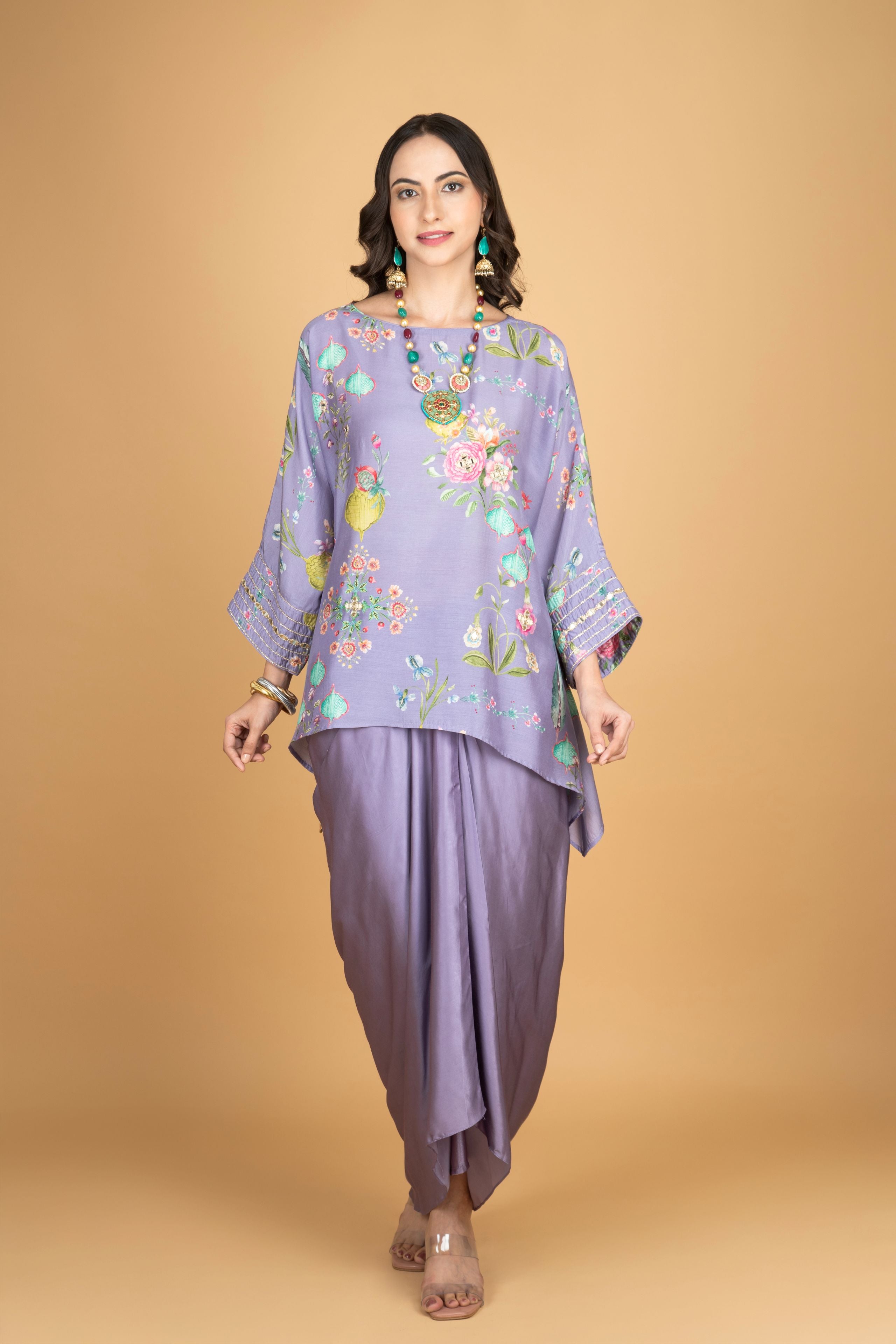 Purple Printed Embroidered High Low Top W/Drape Skirt