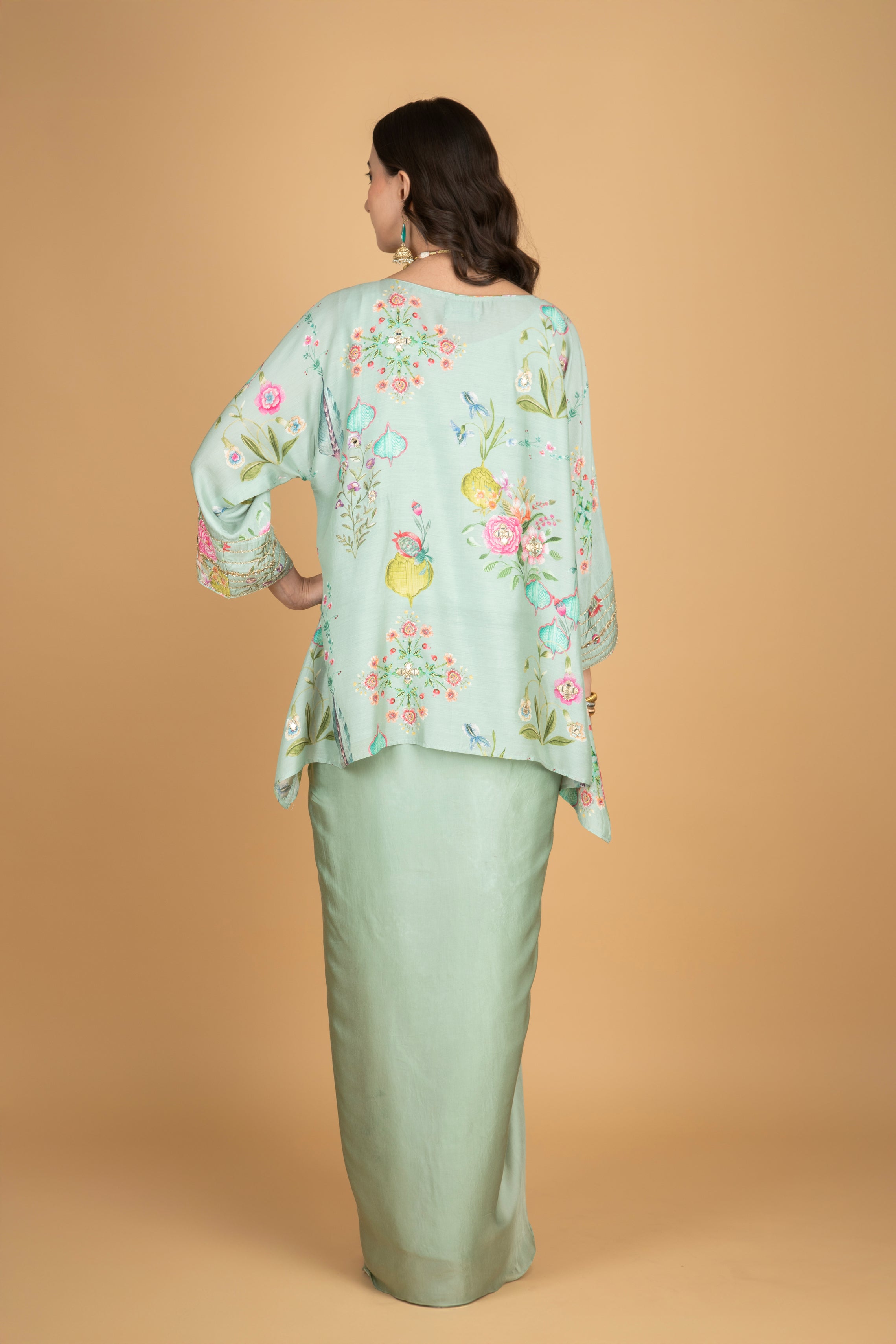 Green Printed Embroidered High Low Top W/Drape Skirt