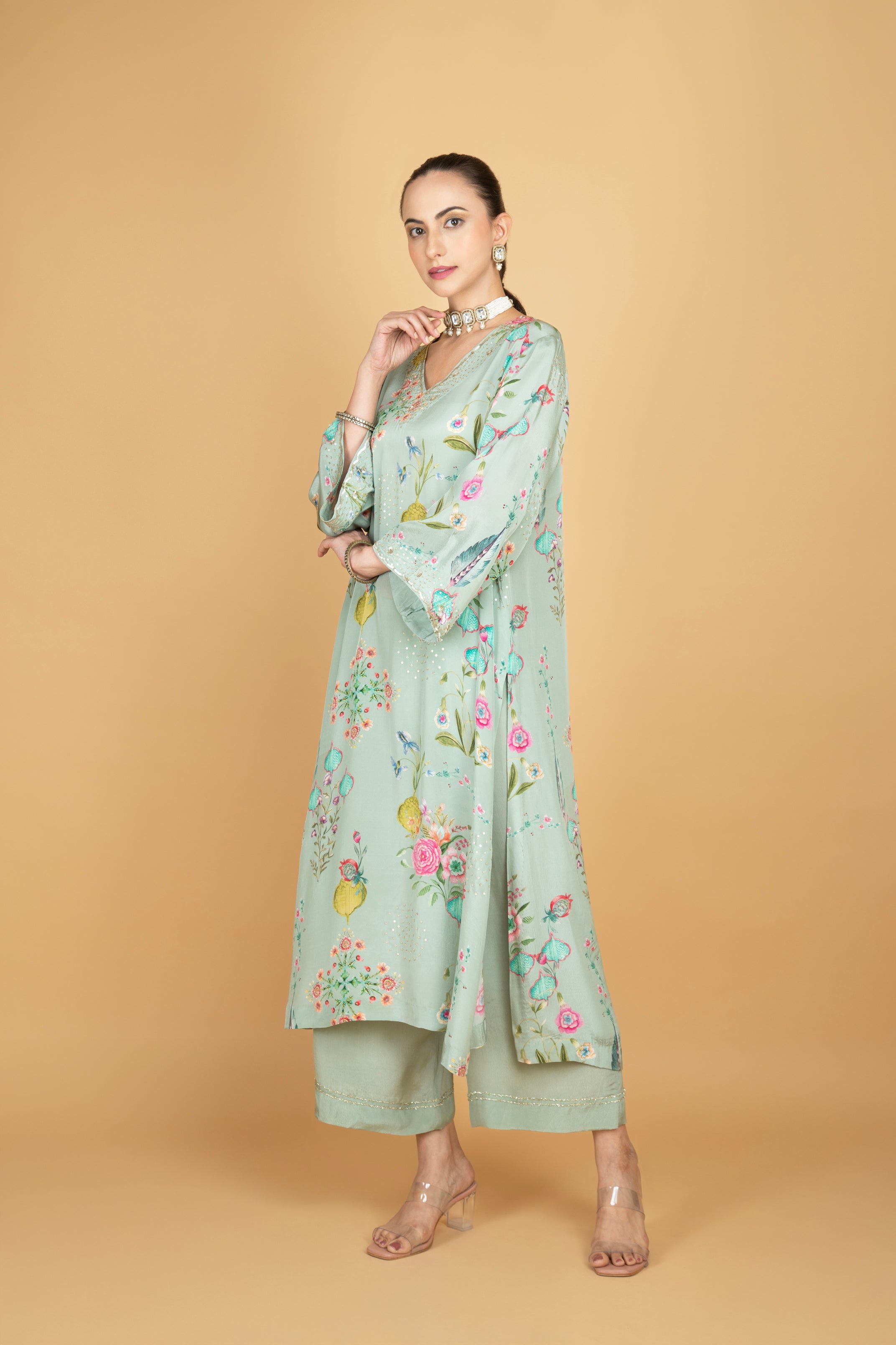 Green Floral Printed Sequin Embroidery Kurta with Pant & Dupatta Set
