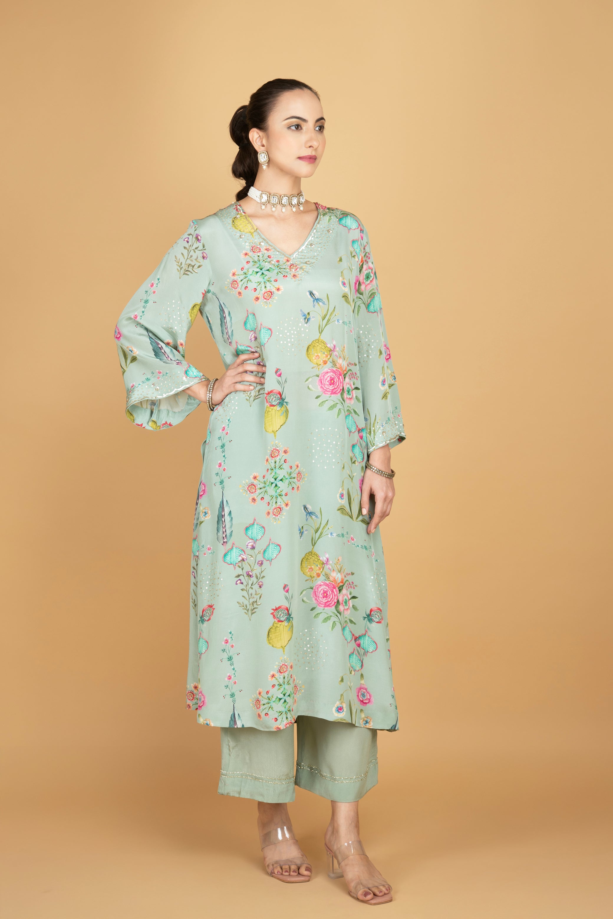 Green Floral Printed Sequin Embroidery Kurta with Pant & Dupatta Set