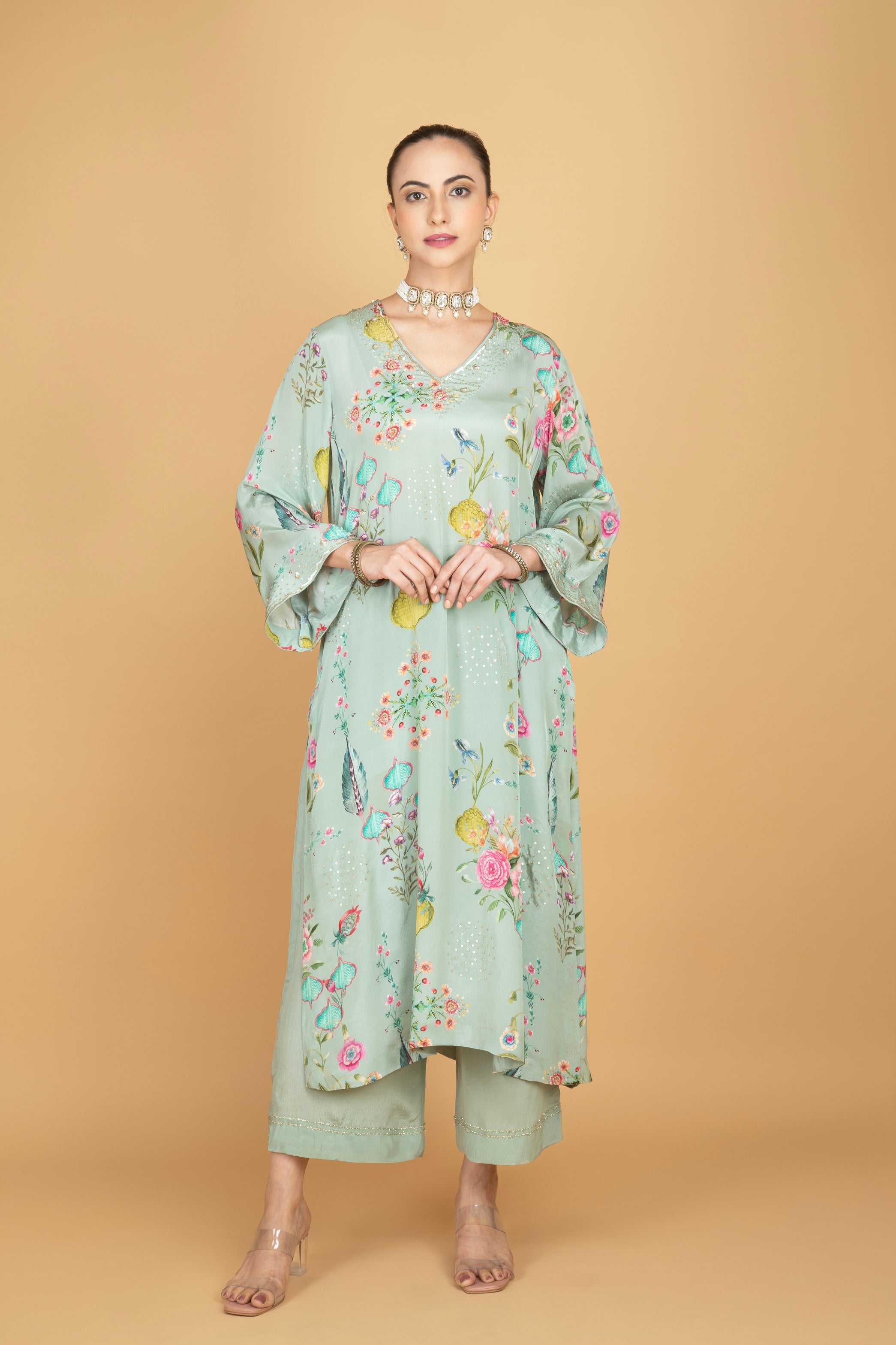 Green Floral Printed Sequin Embroidery Kurta with Pant & Dupatta Set