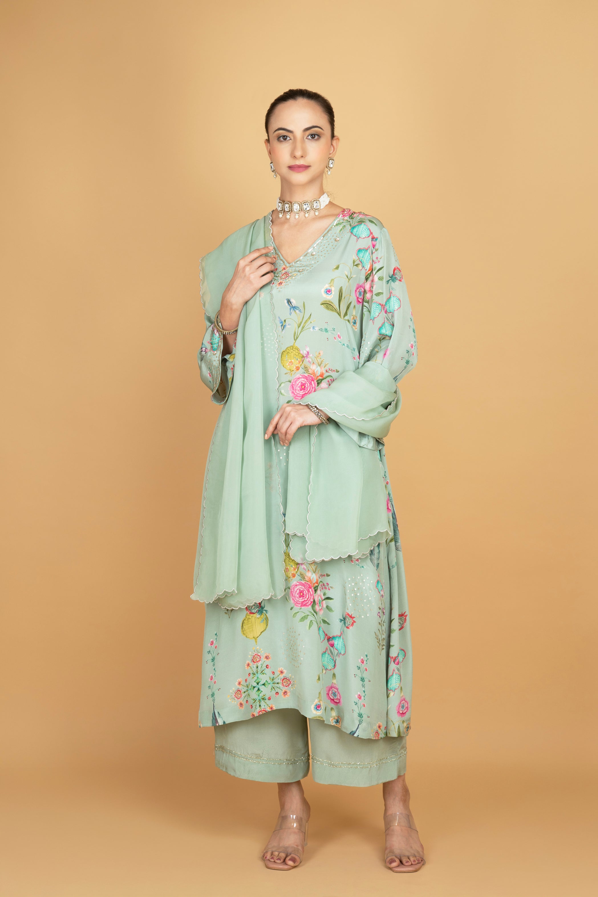 Green Floral Printed Sequin Embroidery Kurta with Pant & Dupatta Set