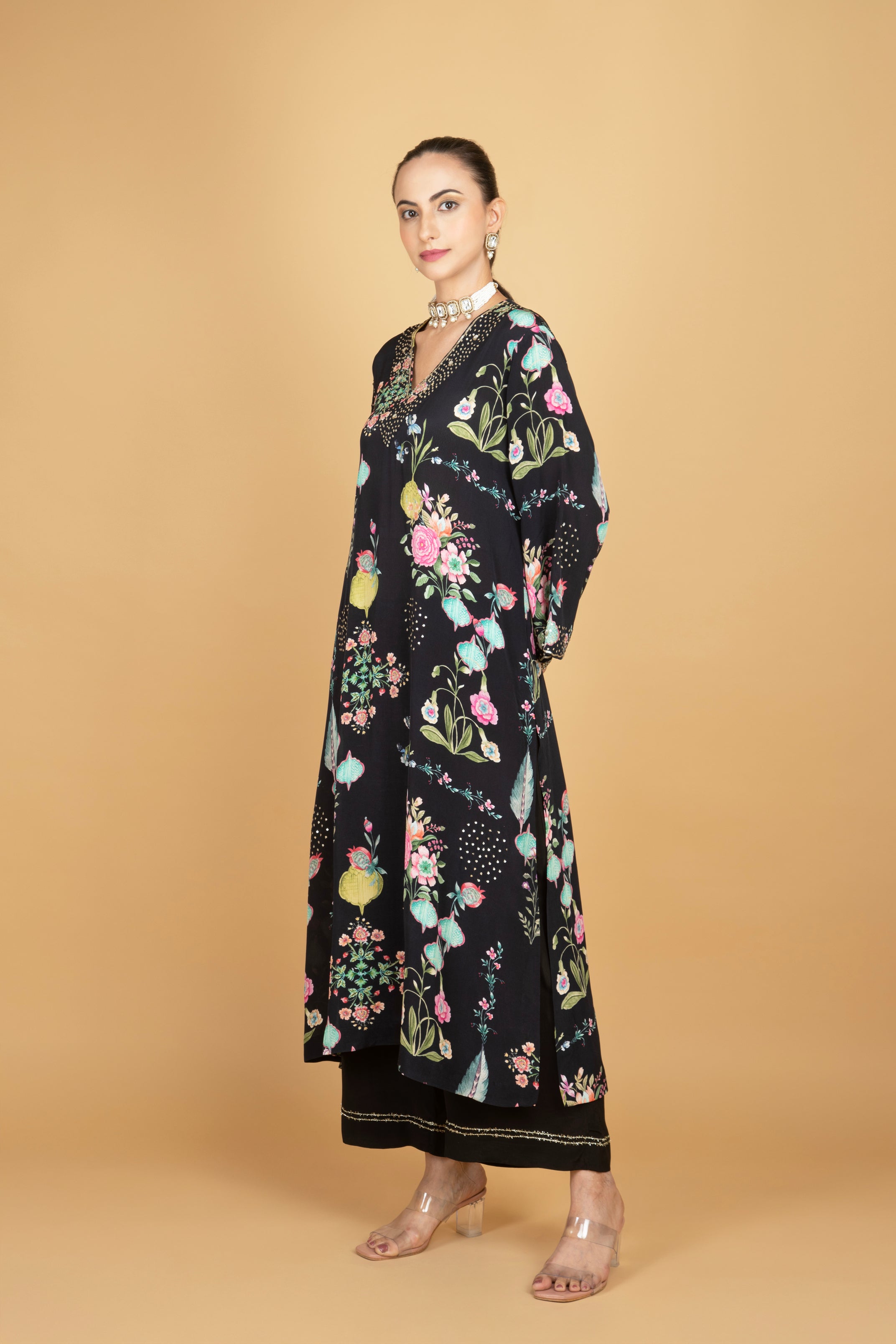 Black Floral Printed Sequin Embroidery Kurta with Pant & Dupatta Set