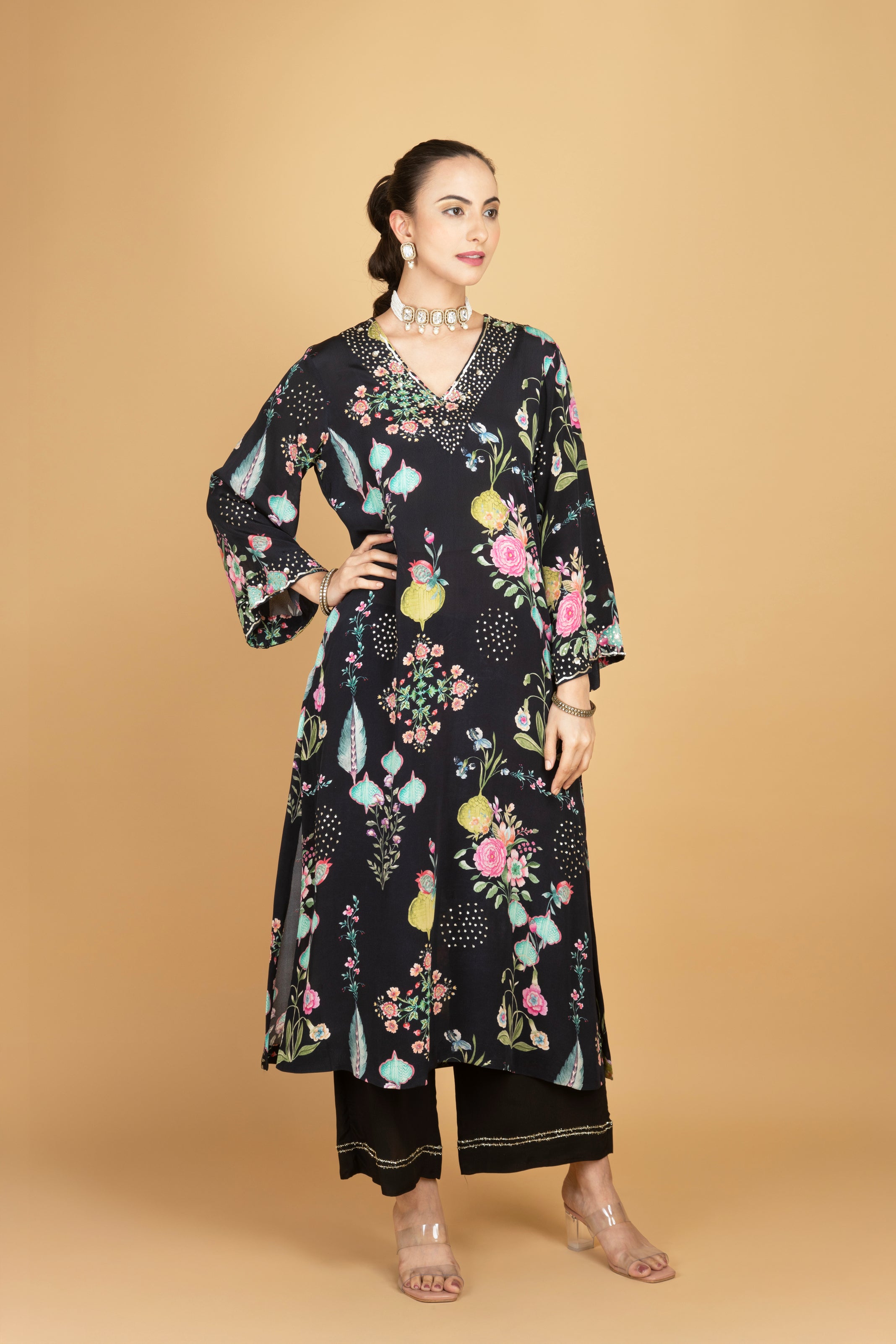 Black Floral Printed Sequin Embroidery Kurta with Pant & Dupatta Set