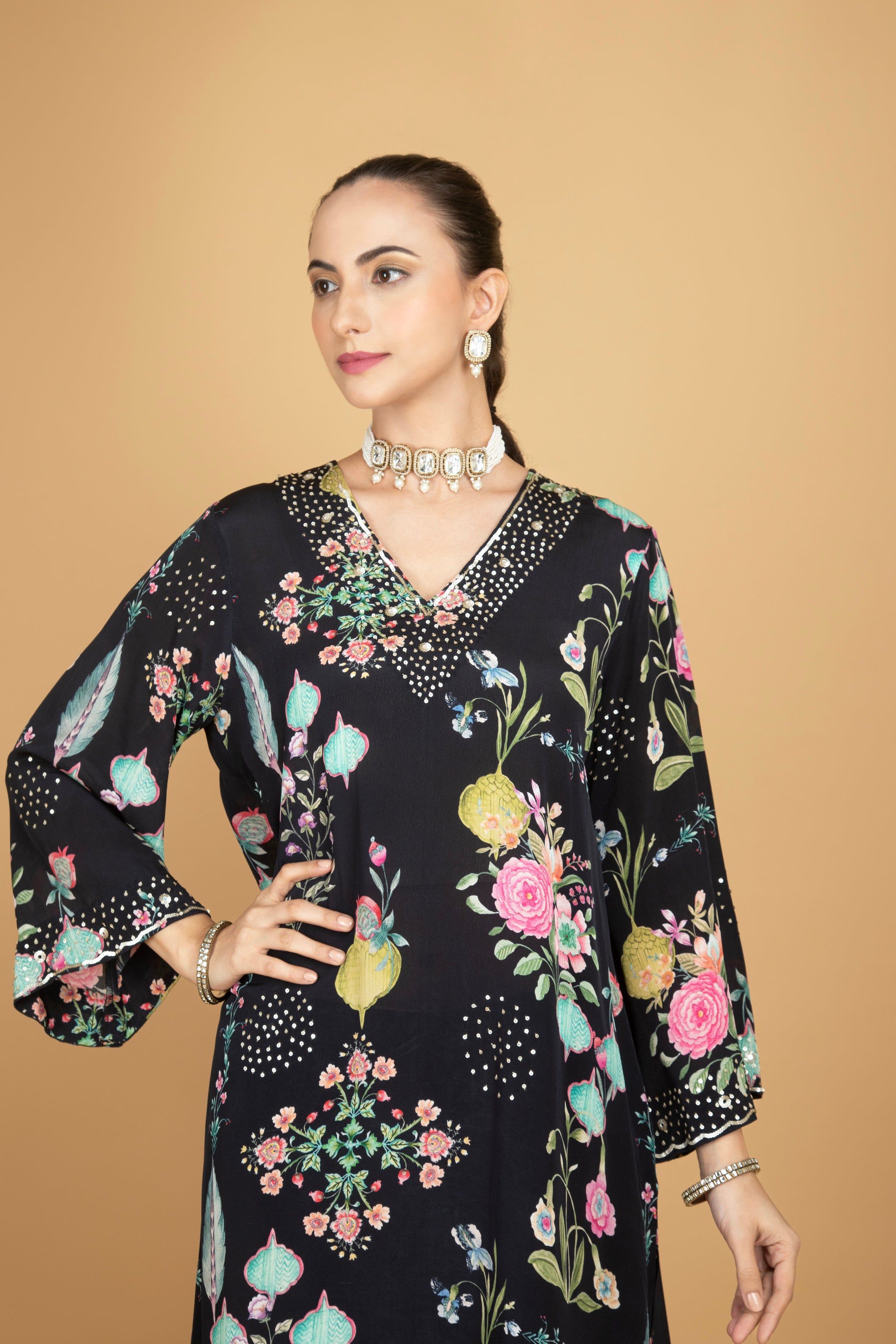Black Floral Printed Sequin Embroidery Kurta with Pant & Dupatta Set