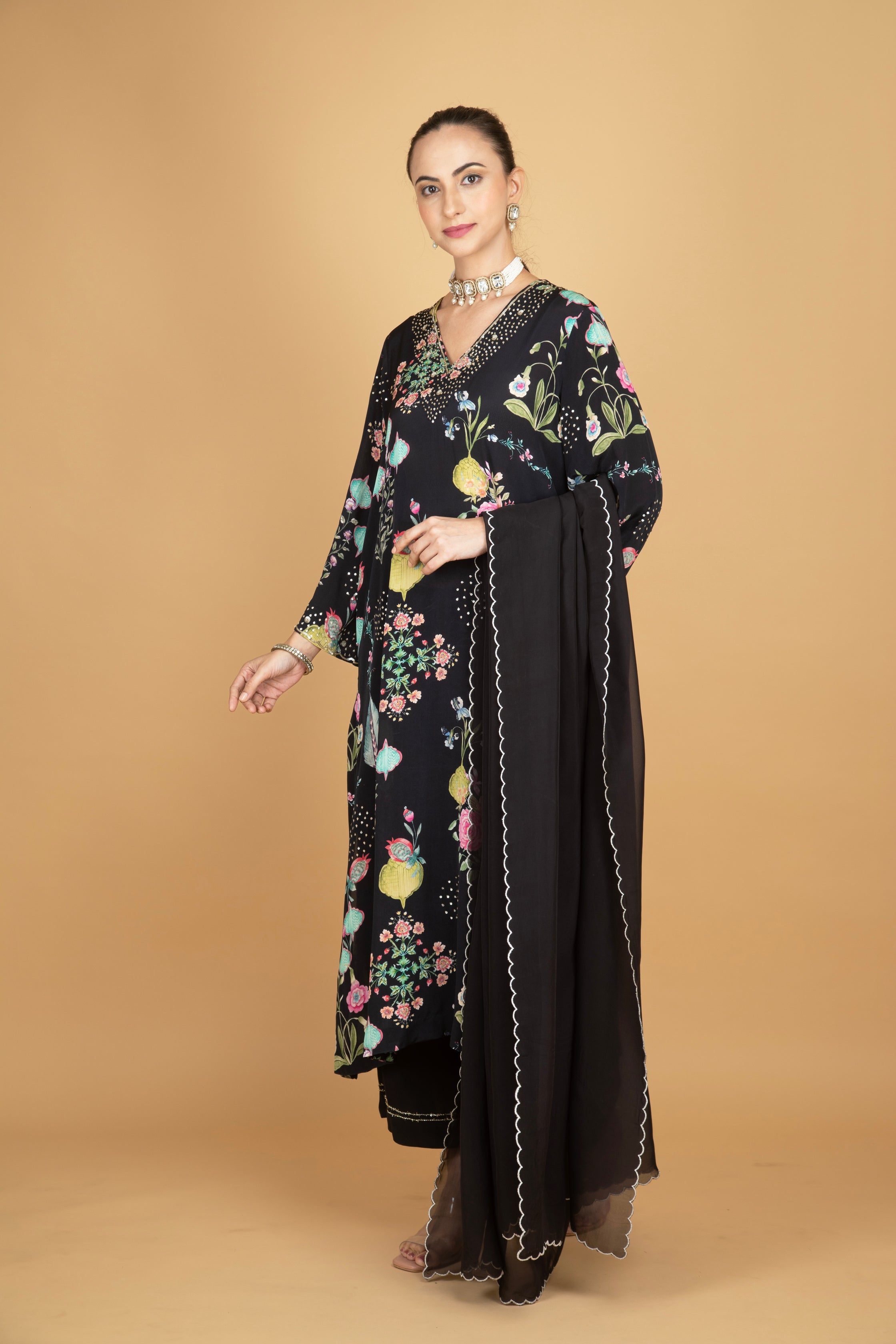 Black Floral Printed Sequin Embroidery Kurta with Pant & Dupatta Set