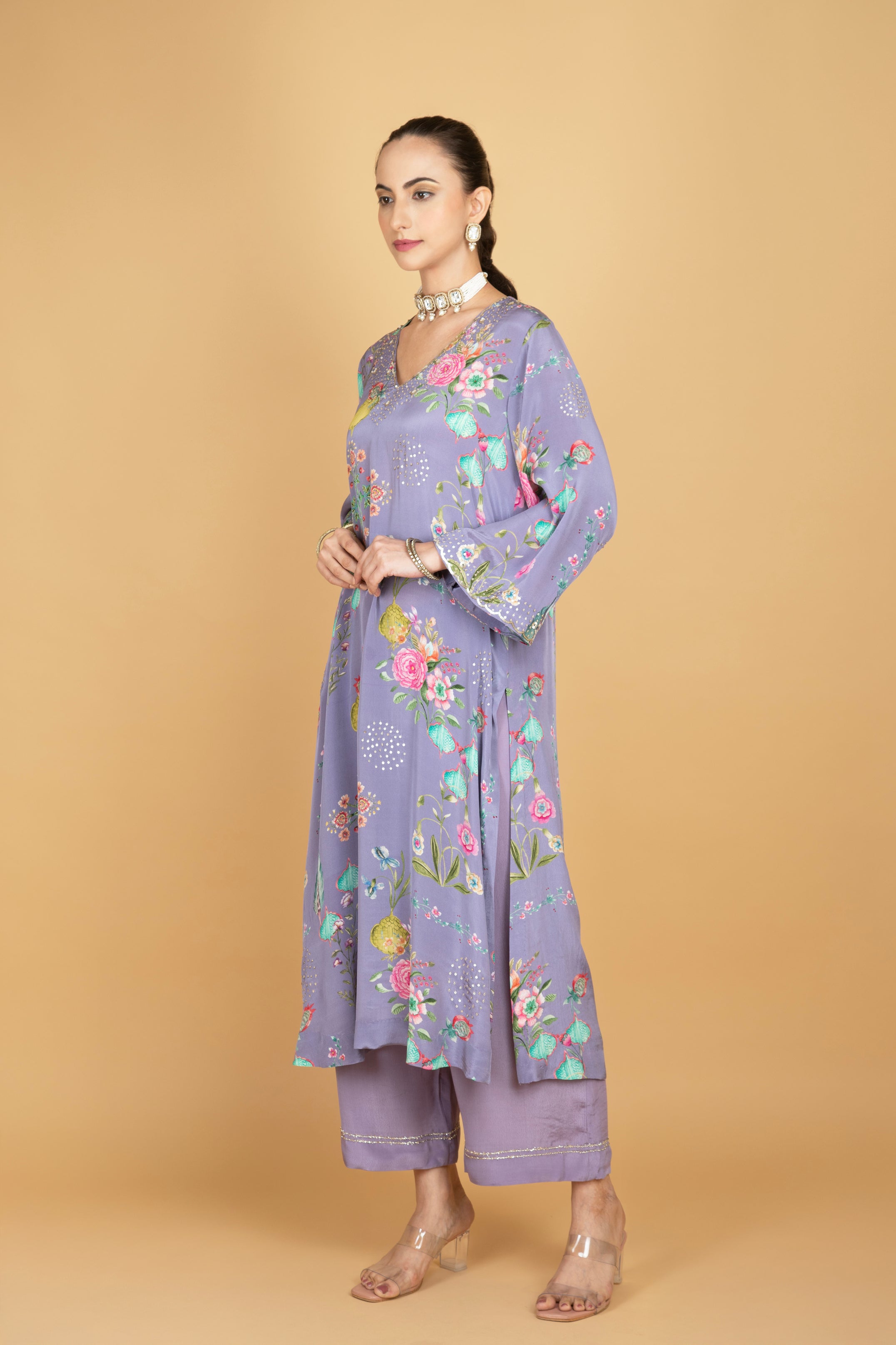 Purple Floral Printed Sequin Embroidery Kurta with Pant & Dupatta Set