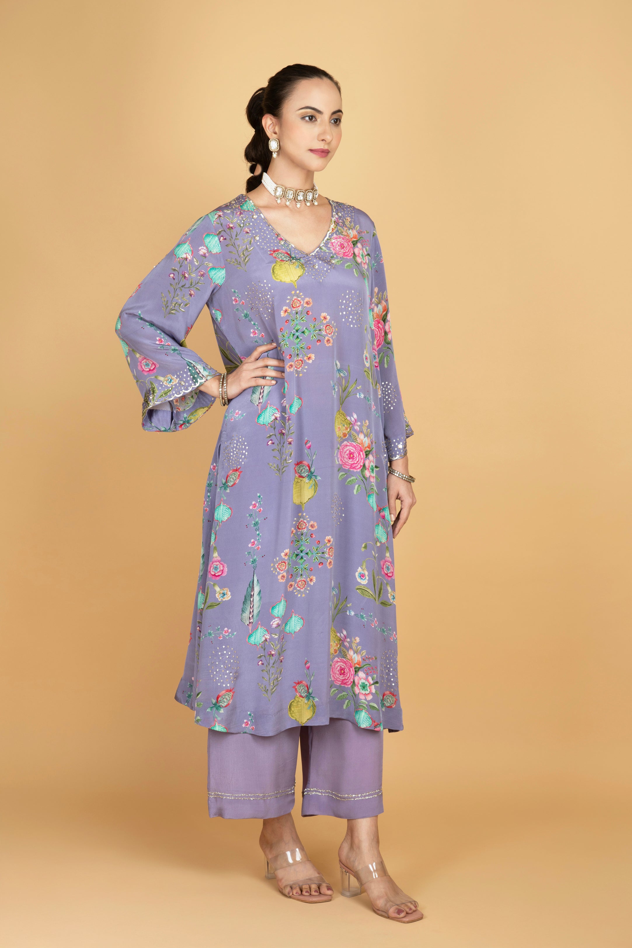 Purple Floral Printed Sequin Embroidery Kurta with Pant & Dupatta Set