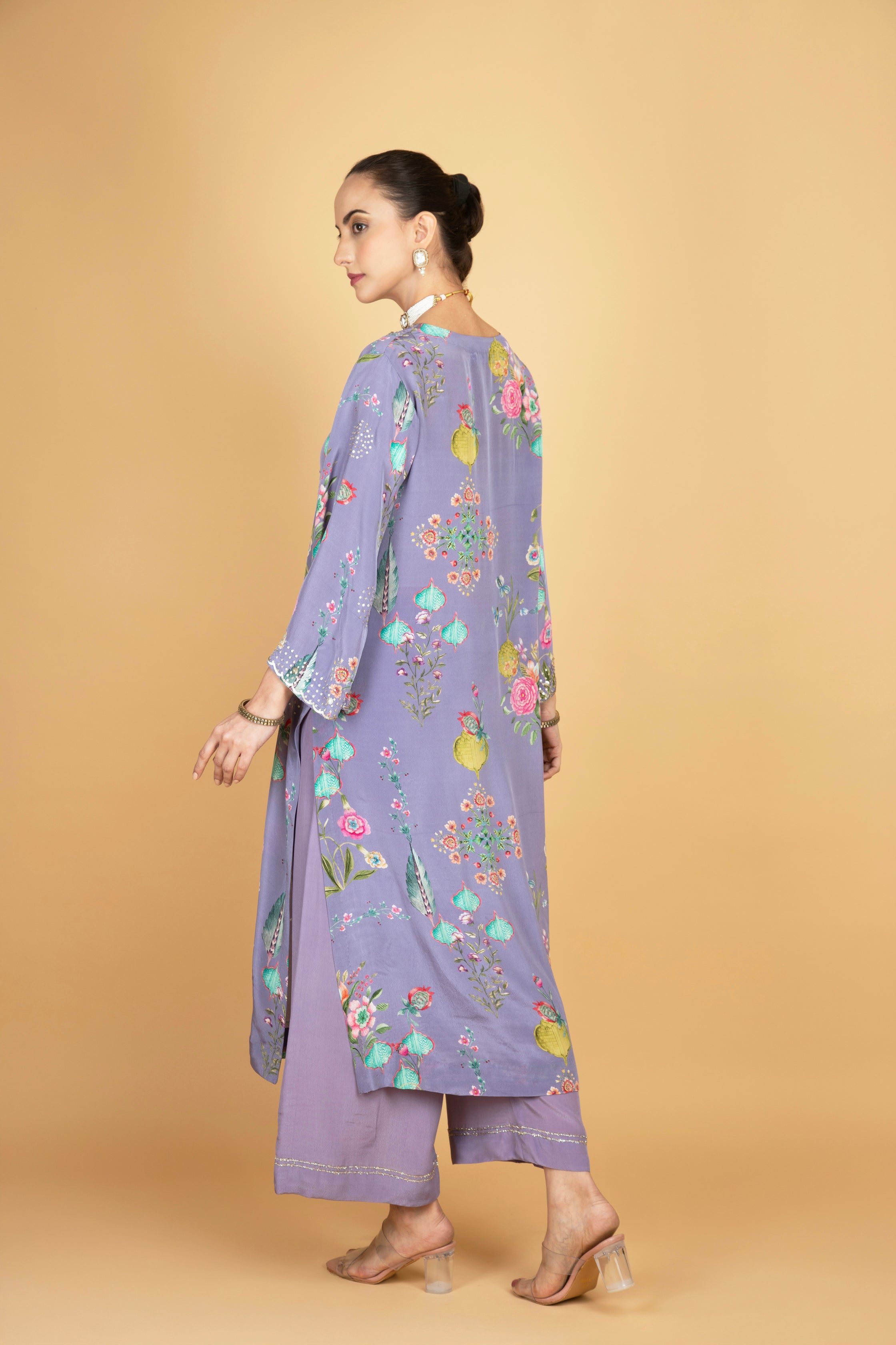 Purple Floral Printed Sequin Embroidery Kurta with Pant & Dupatta Set