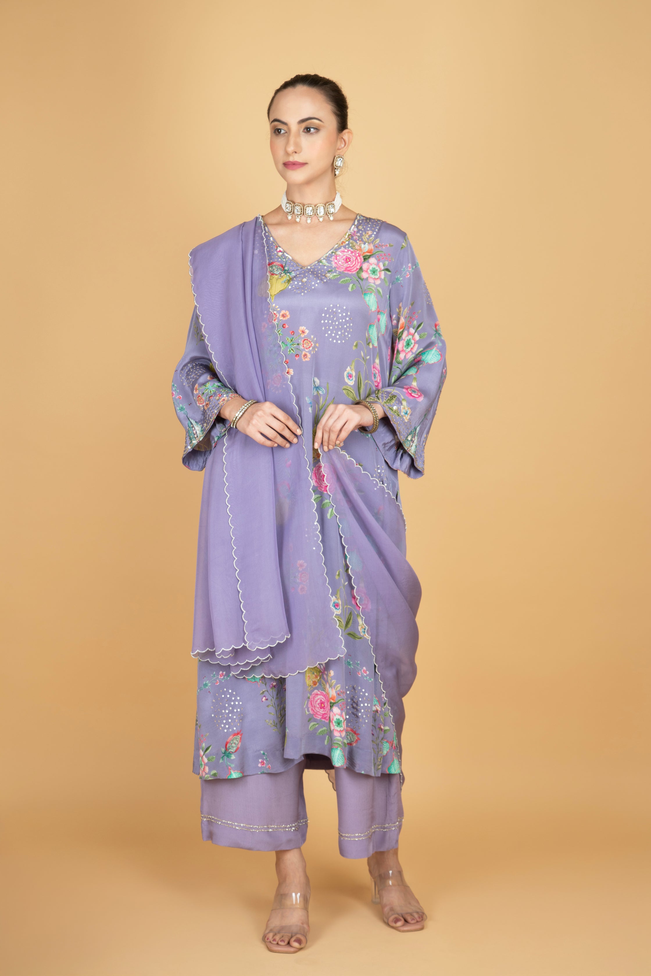 Purple Floral Printed Sequin Embroidery Kurta with Pant & Dupatta Set