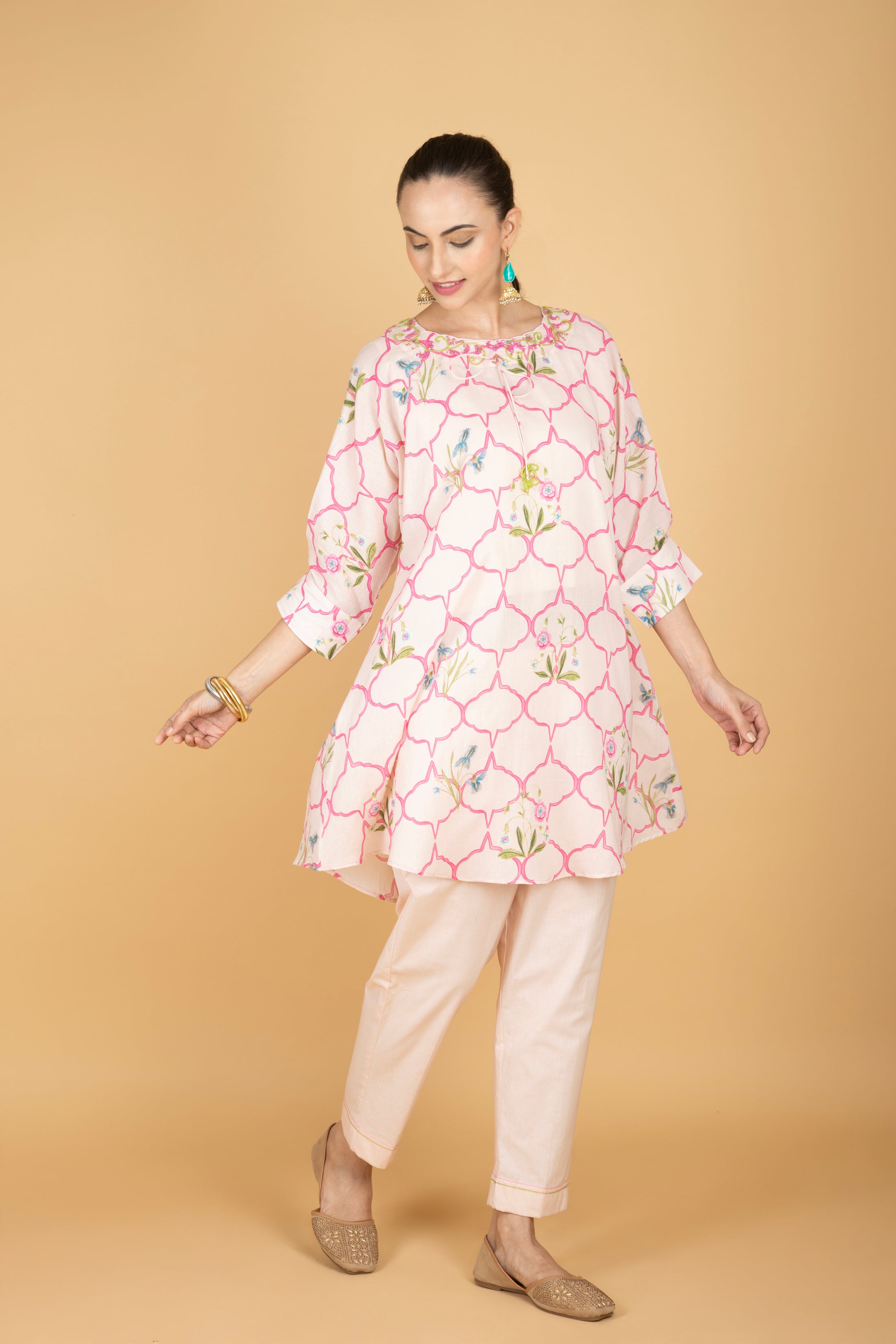 Nude Pink Embroidered Floral Print Short Kurta with Solid Pants